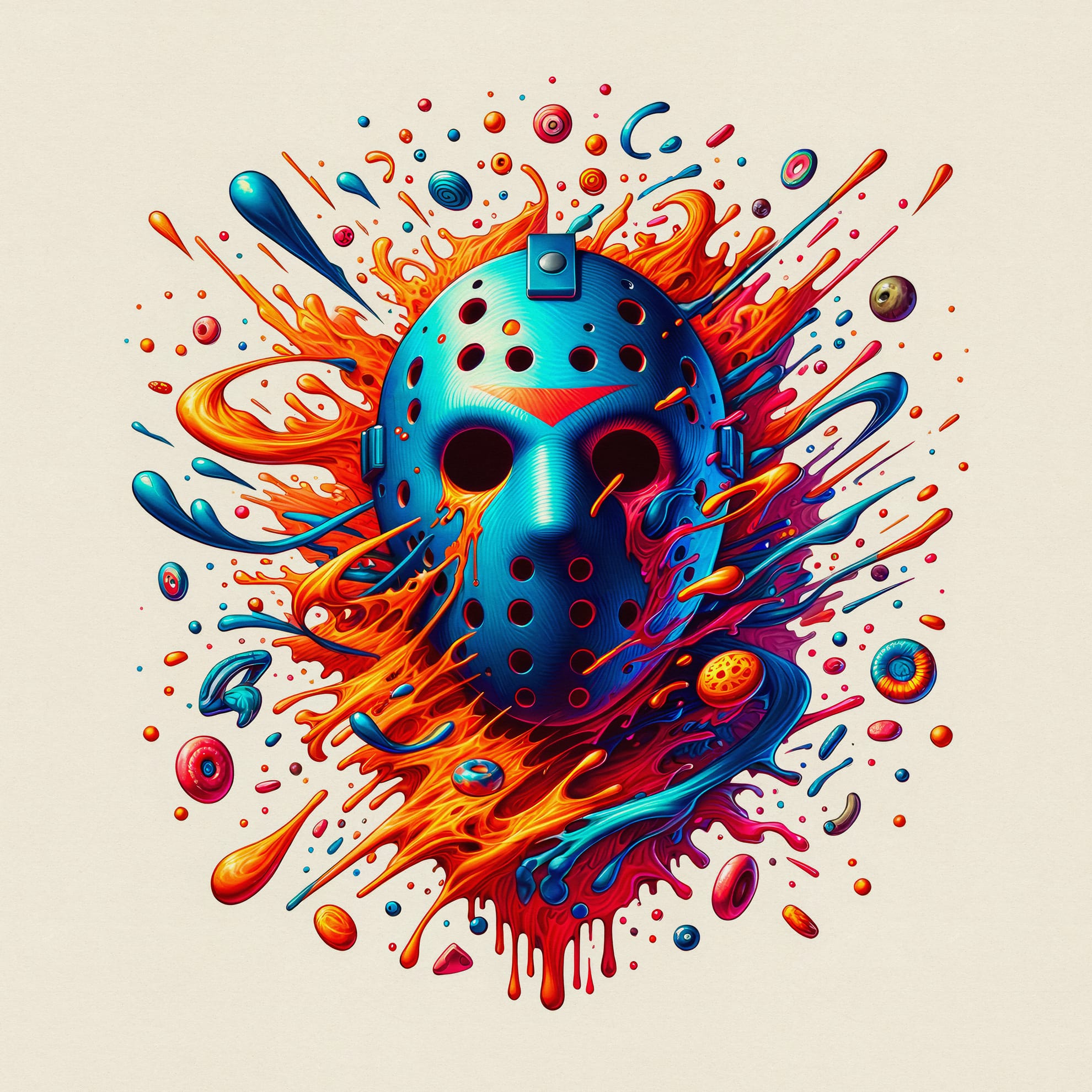 A stylized hockey mask is surrounded by vibrant splashes of blue and orange paint. The mask features numerous circular holes and a central bolt. Various swirling shapes and droplets orbit around it, creating a dynamic and abstract composition against a light background.