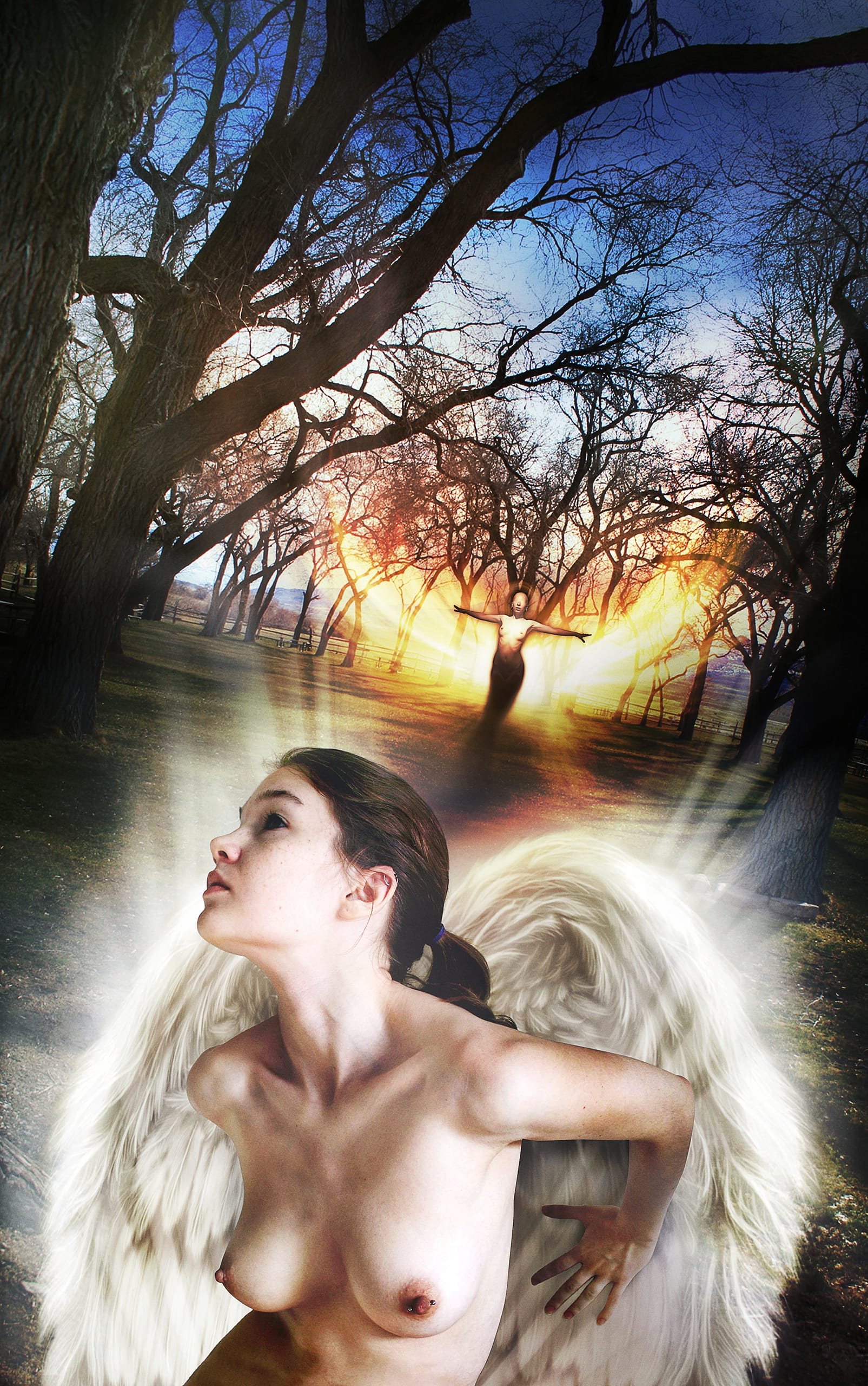 A woman with white wings kneels in a forest with bare trees under a twilight sky. She looks upwards, her pose showing determination. In the background, a figure with fiery wings stands amidst glowing light, creating a mystical atmosphere. The scene is bathed in warm and cool tones.