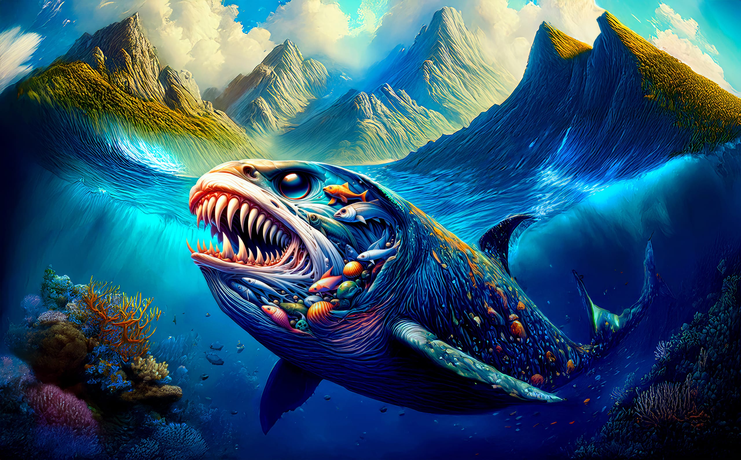 A vibrant, surreal image of a colossal fish with sharp teeth swimming underwater. Its body is transparent, revealing smaller fish and marine life inside. Above, sunlight filters through the water, and an underwater mountainous landscape is visible. Coral and rocks are in the foreground.