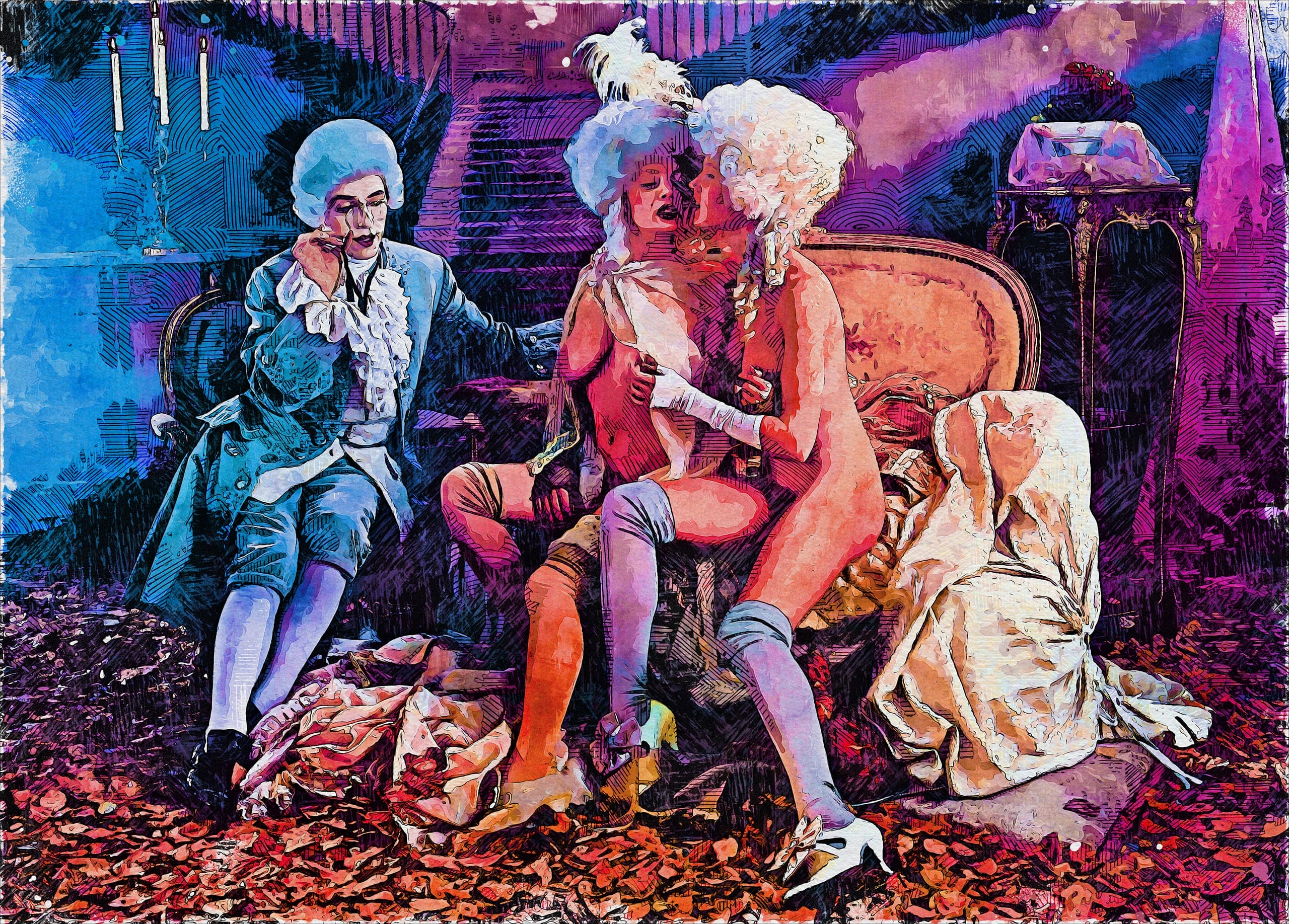 A vibrant, surreal painting depicts three people dressed in elaborate, vintage attire with wigs. They sit on a luxurious couch surrounded by autumn leaves. The scene is illuminated by warm, colorful lighting, creating a playful, theatrical atmosphere reminiscent of 18th-century decadence.