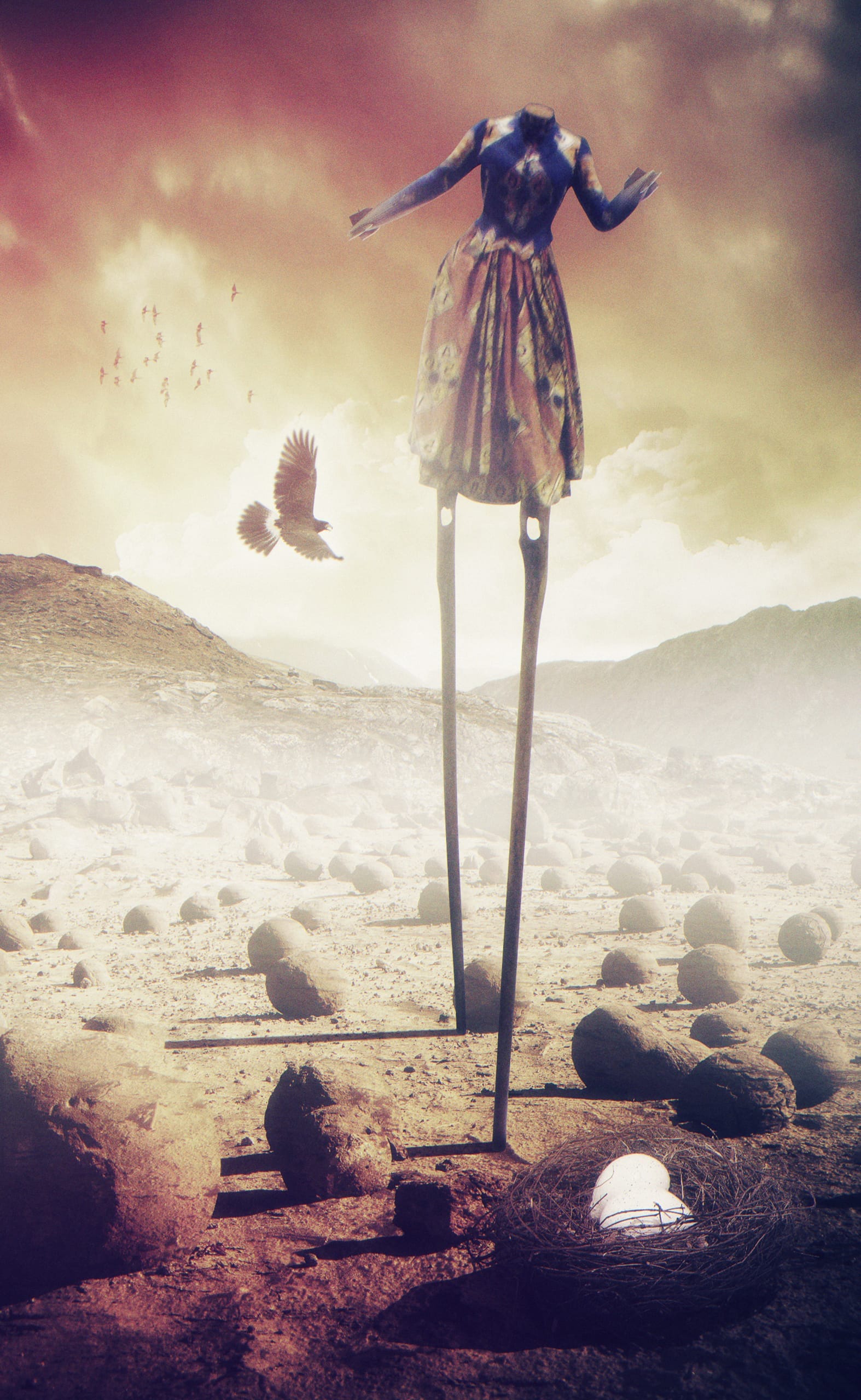 A surreal landscape shows a headless mannequin wearing a floral dress balanced on extremely tall, thin stilts. The ground is barren, filled with scattered rocks. An empty bird's nest with a single glowing egg is in the foreground. Nearby birds fly under a cloudy, orange-tinted sky, searching for food.