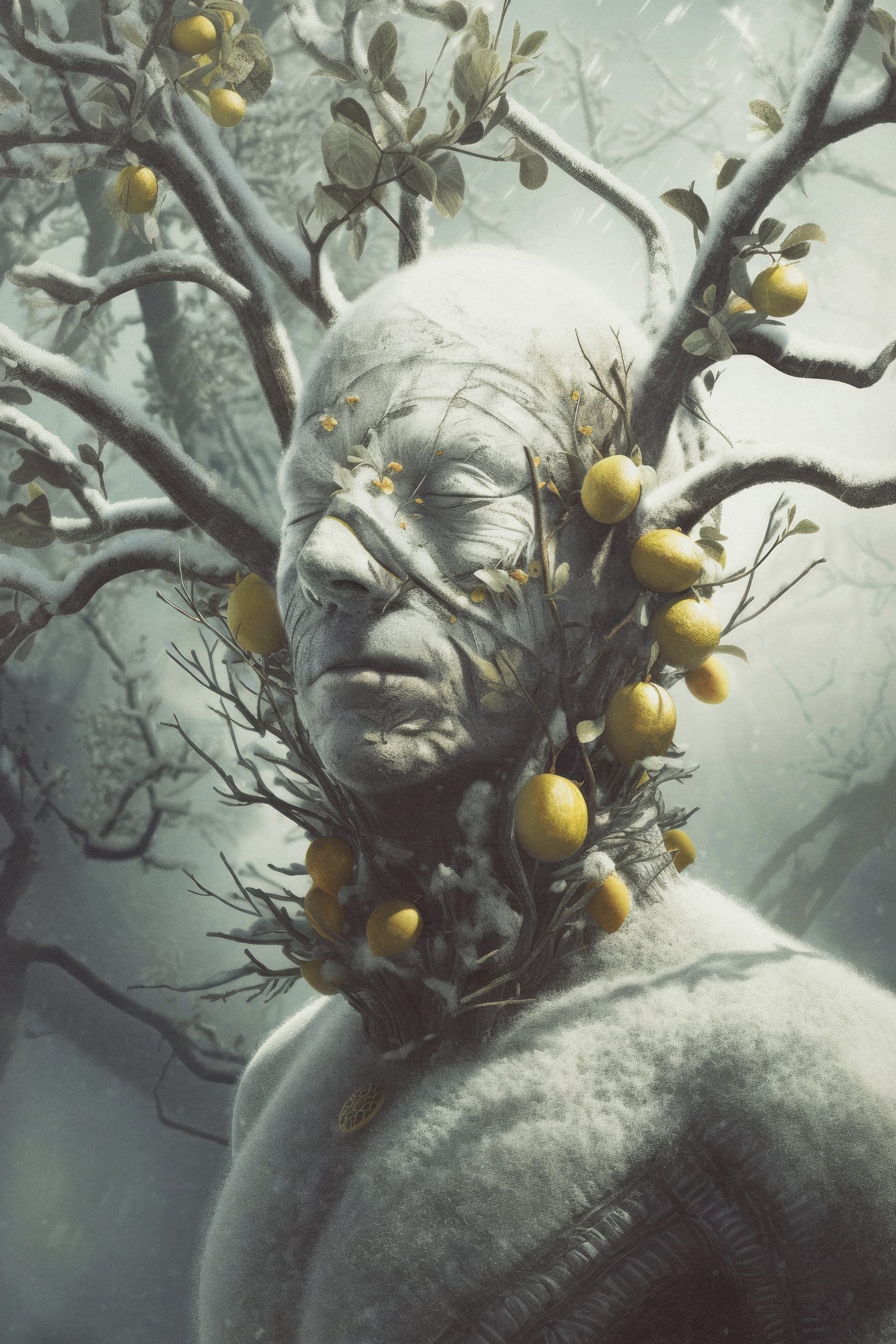A surreal humanoid figure stands in a snowy forest, blending with nature. The figure's head and shoulders merge with tree branches, some bearing lemons. The scene exudes a mystical, otherworldly atmosphere, reflecting themes of nature's integration with the human form.