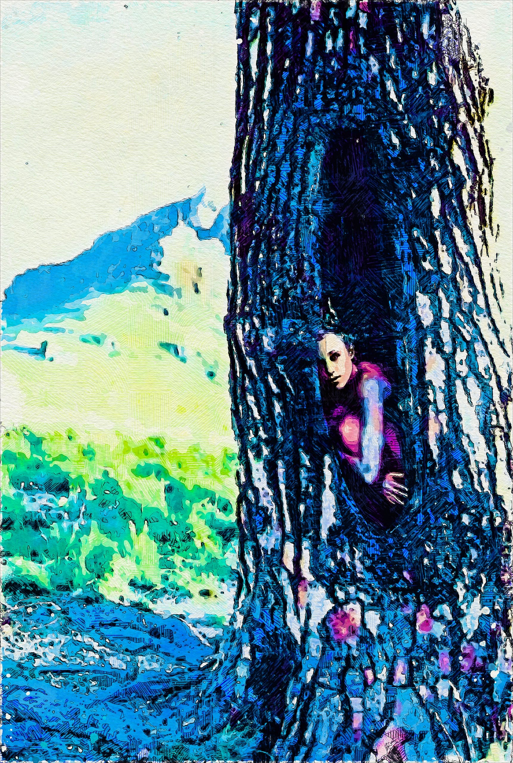 A person, the Life Obscurer, peeks out from a hollow inside a large tree trunk set against a backdrop of mountainous terrain and greenery. The scene is depicted in a stylized, painterly manner with textured details and vivid colors, enhancing its artistic and somewhat surreal quality.