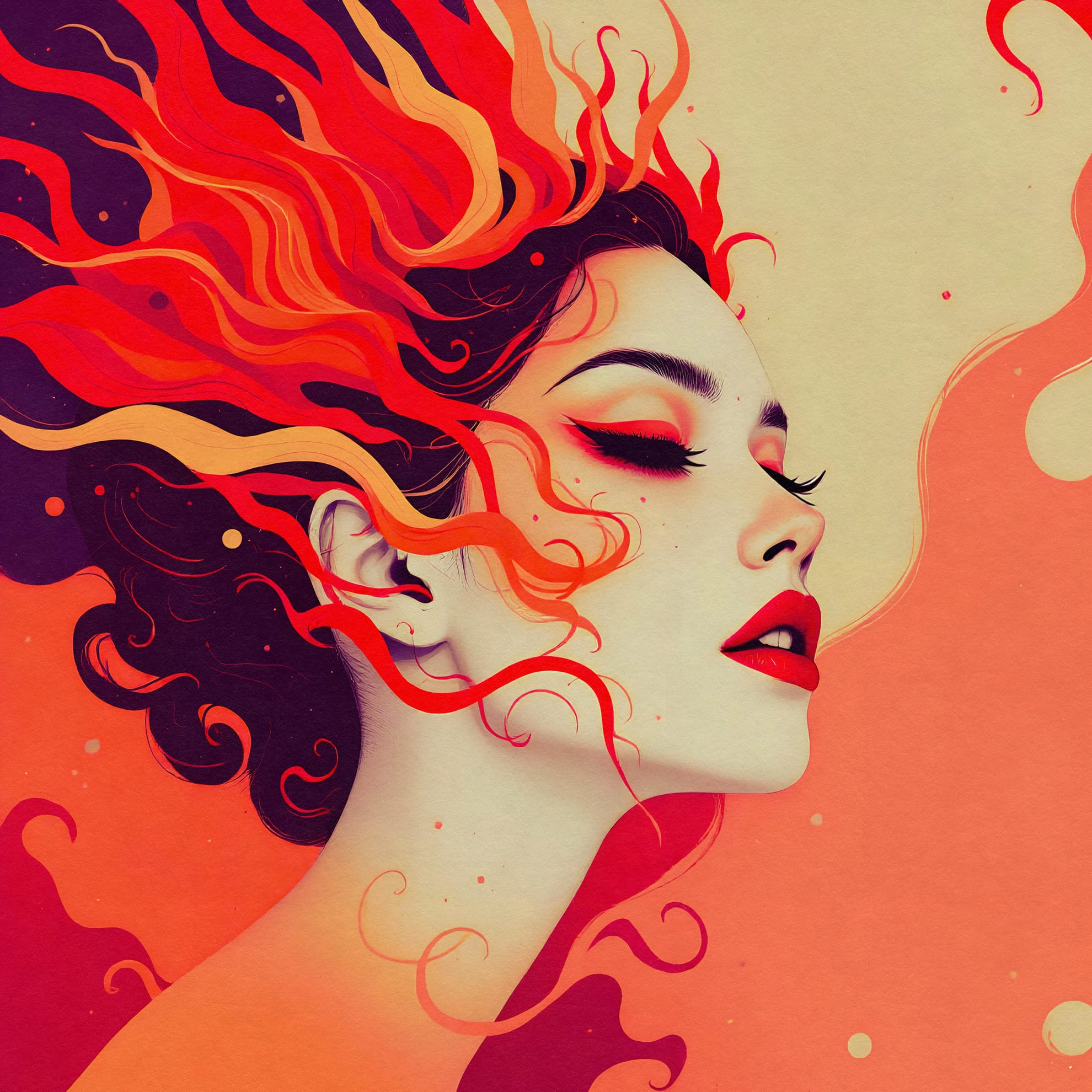 Illustration of a woman's face in profile with fiery, flowing red and orange hair blending into the background. Her eyes are closed, lips slightly parted, and the artwork features smooth lines with a gradient effect, evoking a sense of warmth and energy.