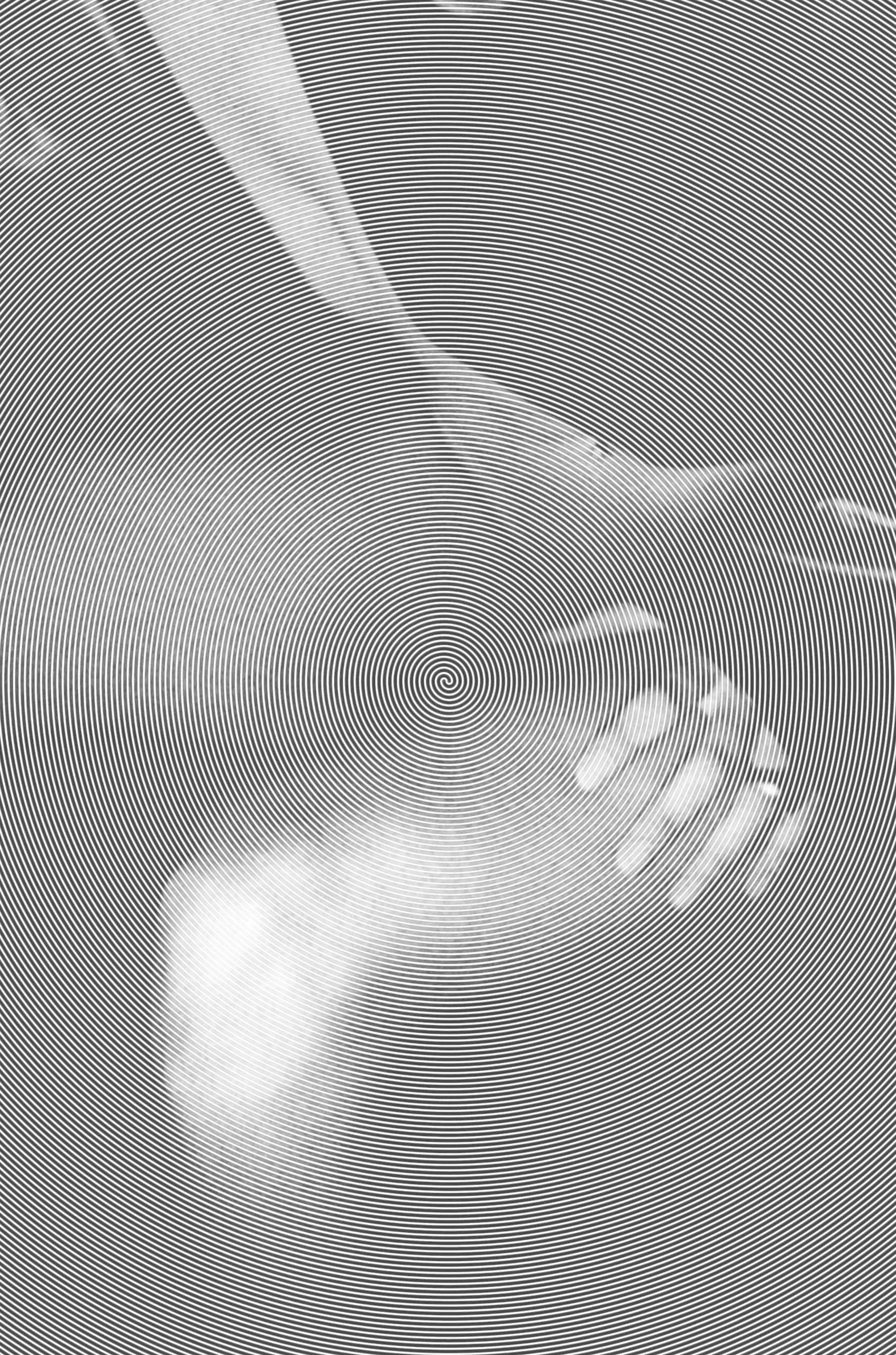 The image features a close-up of a hand resting on an abstract, circular, black-and-white pattern. The pattern consists of evenly spaced concentric circles that create a hypnotic, swirling effect. Part of the Madam Moiré series, the hand appears blurred, blending slightly into the intricate design of the background.