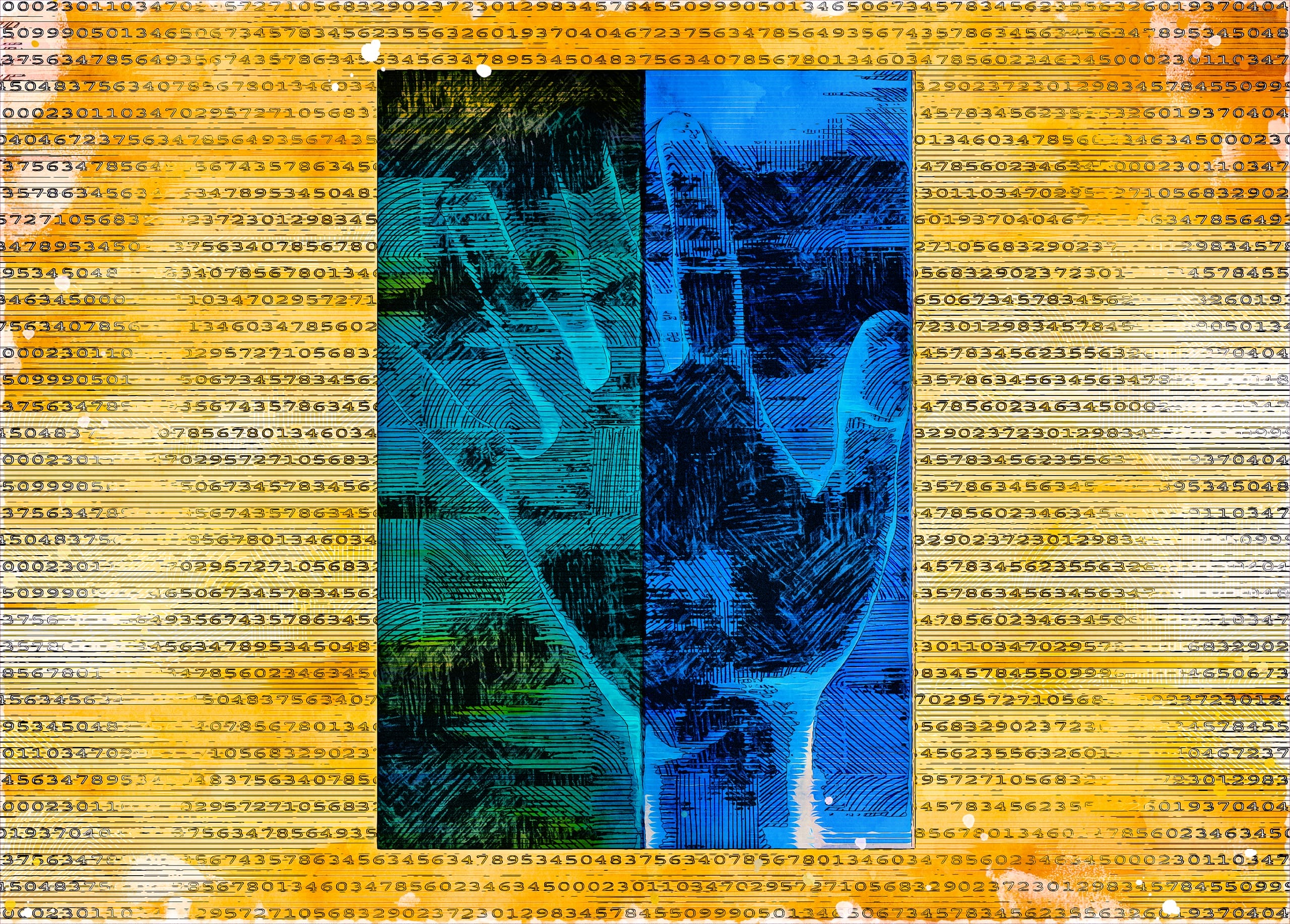 A digital art piece with an abstract design, featuring overlapping layers of blue and green textures on a central rectangle, resembling a cocktail glass. The background is filled with orange and yellow hues, overlaid with sequences of numbers in various sizes.