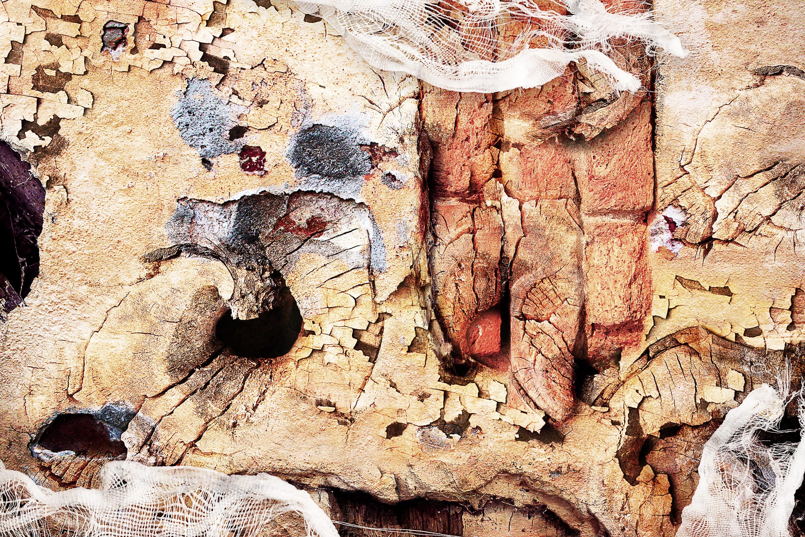 An abstract art piece features a textured and cracked surface in shades of brown, beige, and red with some black and white areas. There are varied patterns and shapes that resemble natural erosion or weathered materials. White net-like fabric fragments accentuate the artwork's aged effect, evoking the essence of being On Shore.