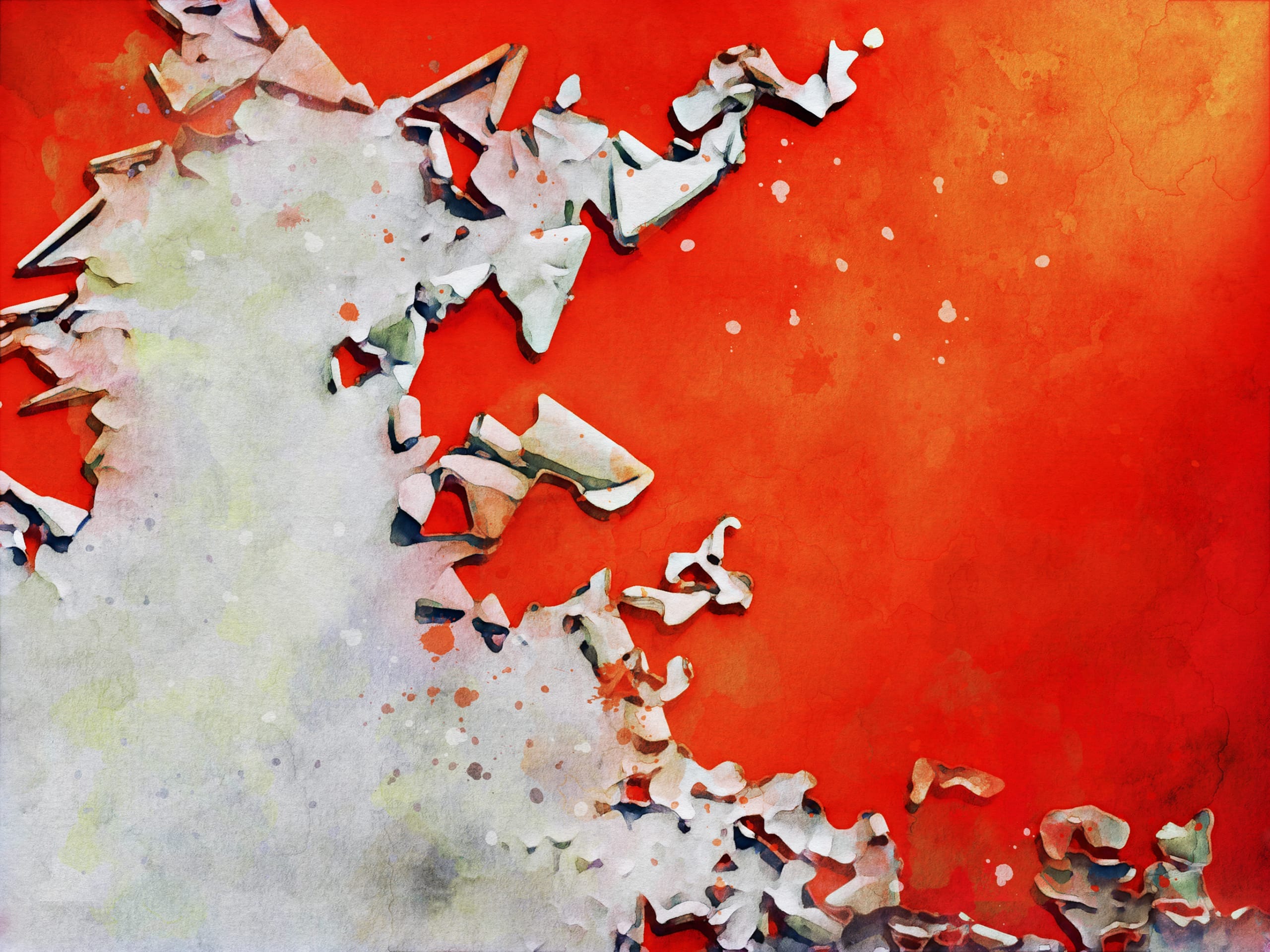 Close-up of peeling white paint on a surface with a vibrant orange background exposed underneath. The paint chips, resembling torn pieces of paper, are irregularly shaped and arranged in a seemingly random pattern, revealing the contrasting color beneath. The image highlights texture and color contrast.