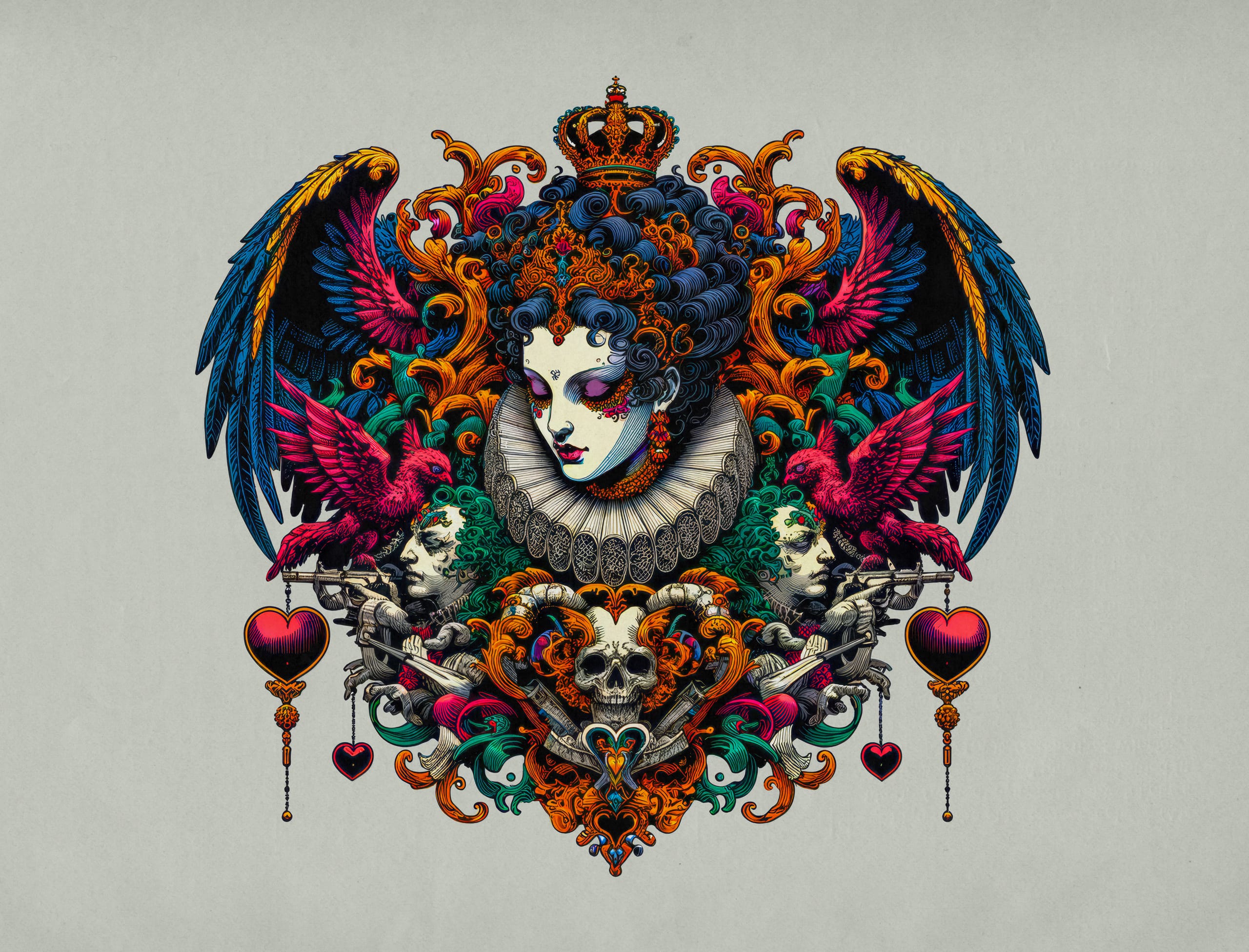 Ornate illustration featuring a crowned, wavy-haired figure with a ruffled collar. Surrounded by vibrant wings, skulls, and floral elements in vivid blues, reds, and oranges. Two heart motifs with swords and intricate scrollwork complete the symmetrical design on a light background.