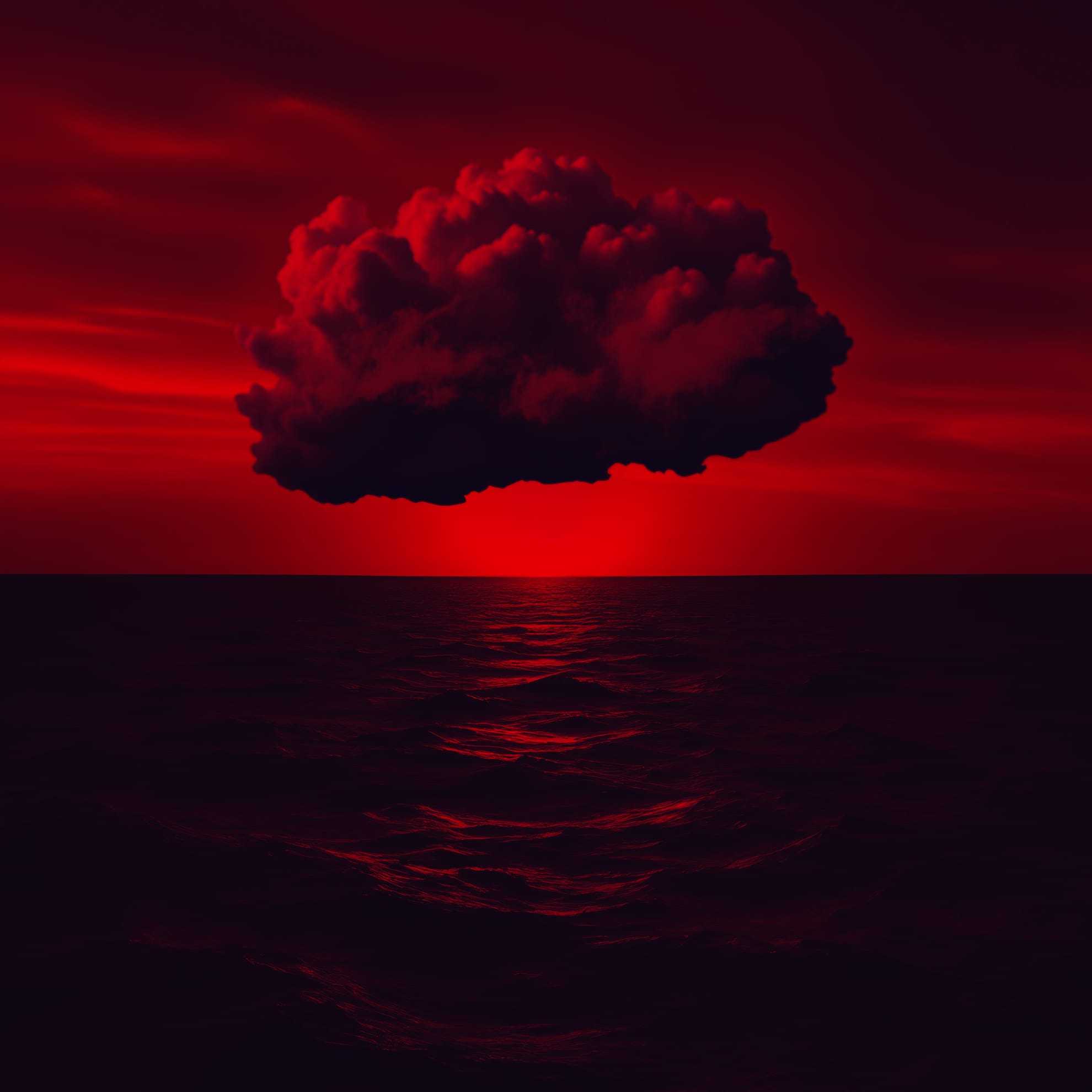 A dark, ominous cloud hovers over a vast, reflective ocean under a red sky. The water shimmers with red hues, capturing an eerie yet captivating atmosphere. The cloud's distorted shape adds drama to the monochromatic scene, suggesting a mysterious ambience.