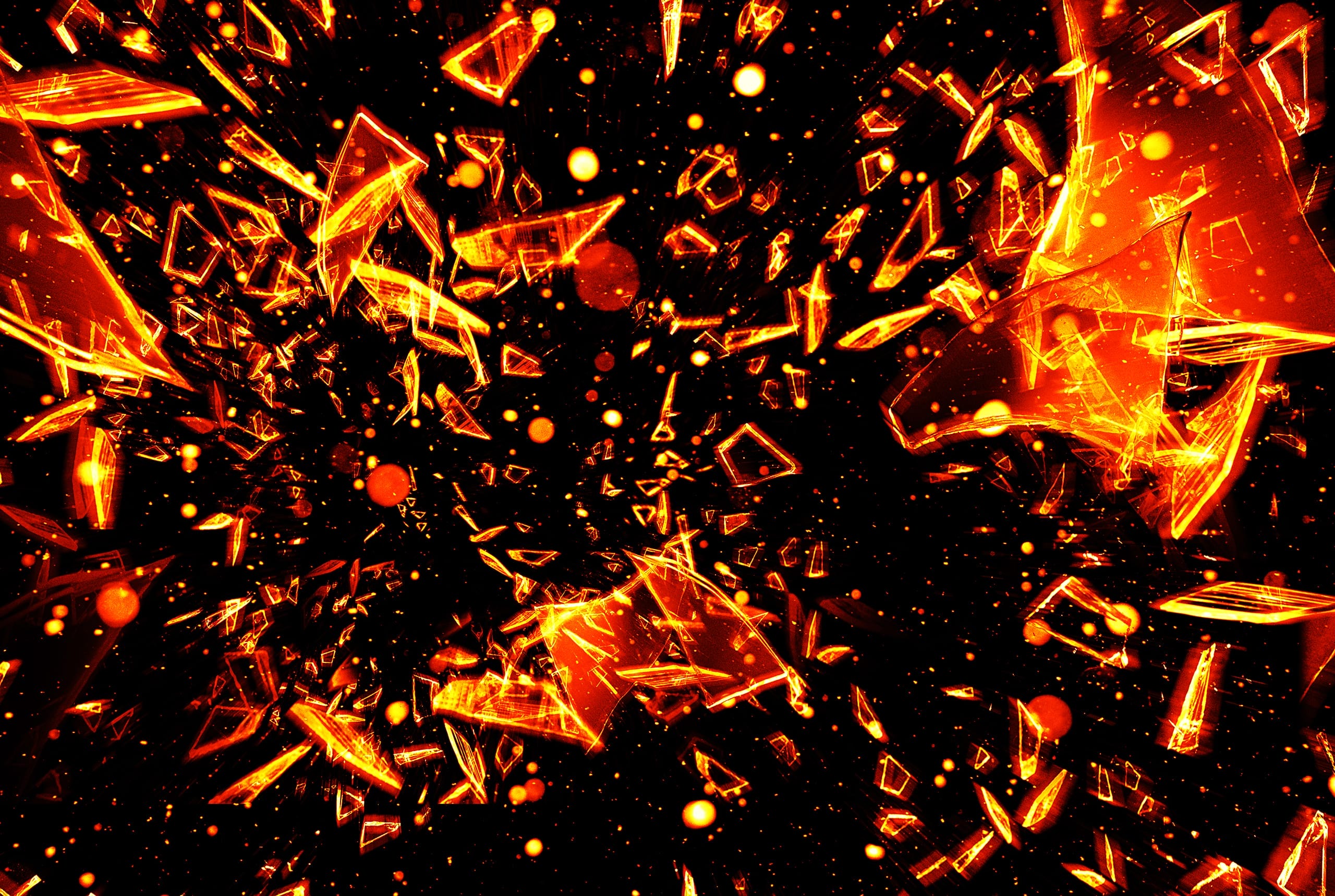 Abstract digital artwork depicting a dynamic explosion of glowing orange shards against a dark background. The shards vary in size and shape, creating a sense of movement and chaos. Small specks and lines surround the fragments, enhancing the fiery and energetic atmosphere.