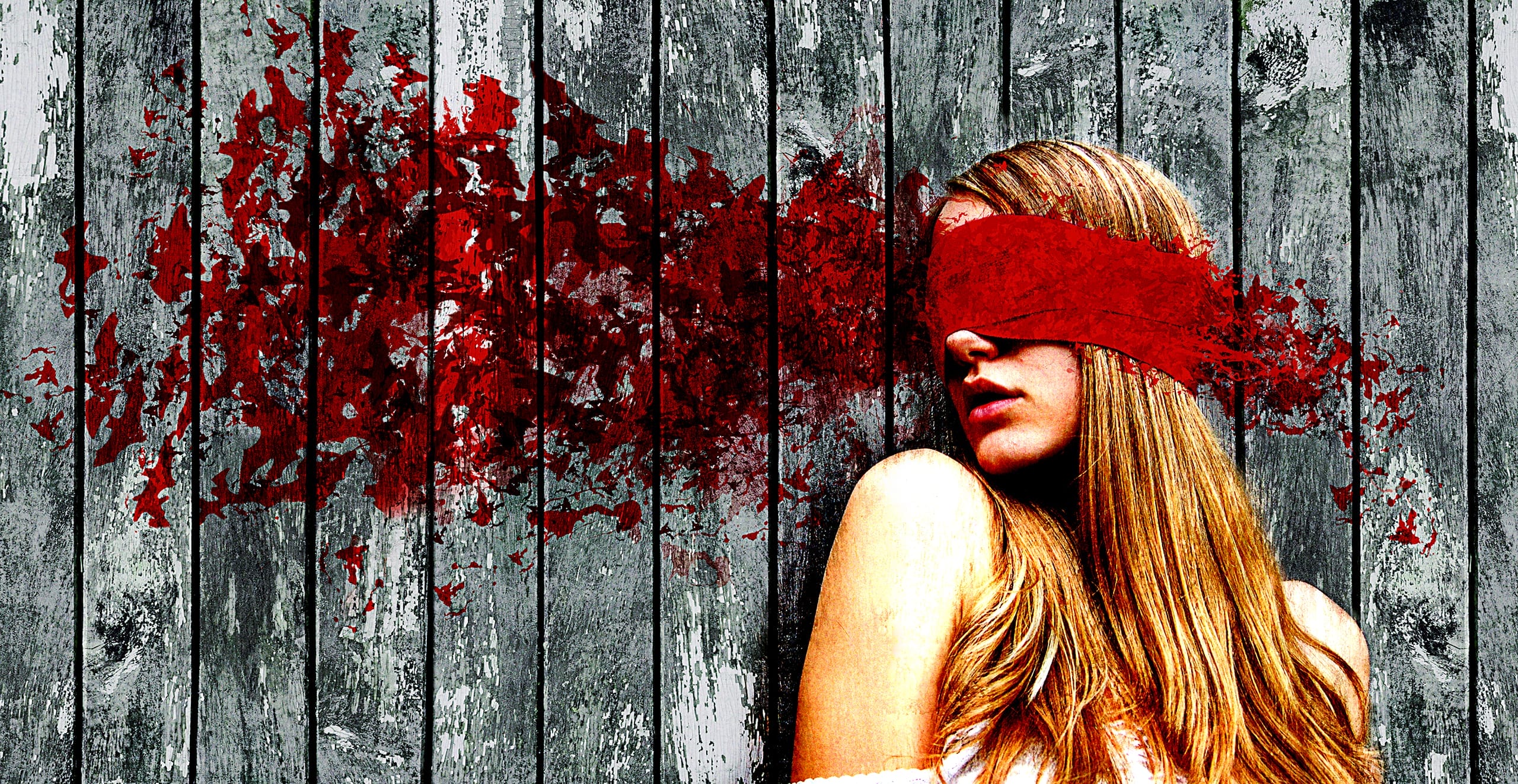 A woman with long blonde hair is blindfolded with a red cloth splattered with red paint, which extends behind her, resembling a burst. Sightless, she stands against a textured wooden fence with a distressed gray finish. The image has a dramatic and edgy vibe, evoking deep-seated fears.