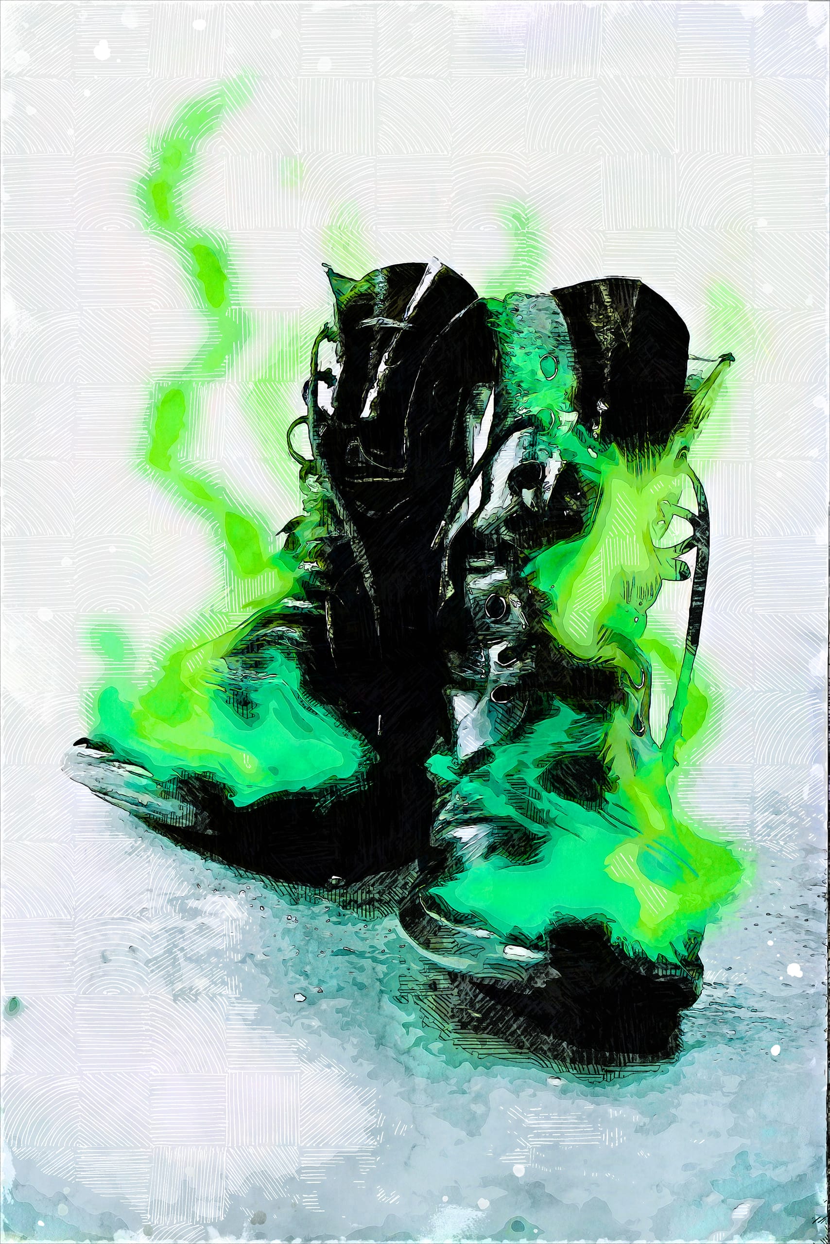 A pair of black boots with bright green smoke pouring out, set against a textured white background. The boots appear worn, with intricate laces and visible creases, creating a mysterious and mystical atmosphere.