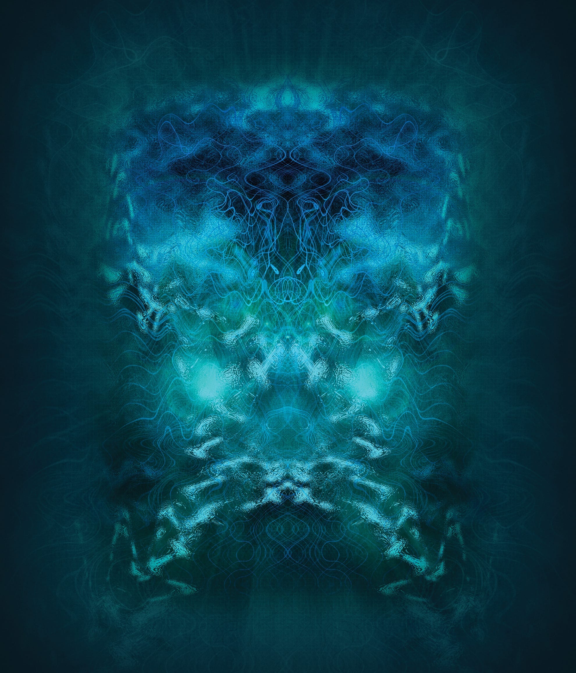 Abstract digital artwork with a symmetrical design in shades of blue and turquoise. The intricate pattern features swirling and wavy lines that evoke a sense of movement. The overall appearance is reminiscent of a face or mask, set against a dark background.