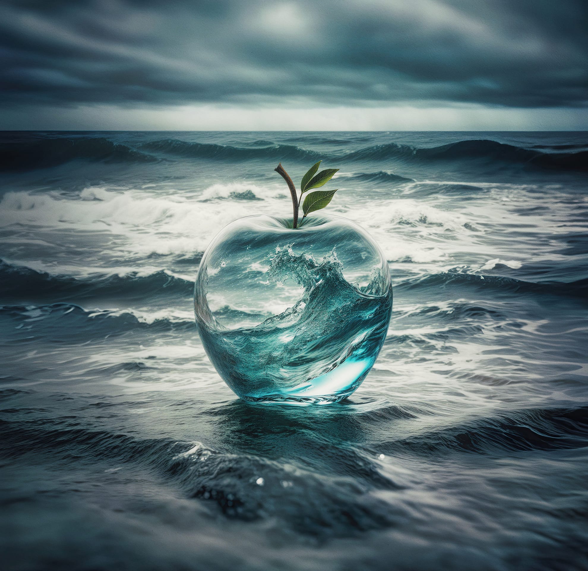 A transparent apple with ocean waves inside stands on the surface of a turbulent sea under a cloudy sky. Green leaves are attached to the apple's stem. The combination creates a surreal and fantastical image of nature converging with an apple-shaped object.