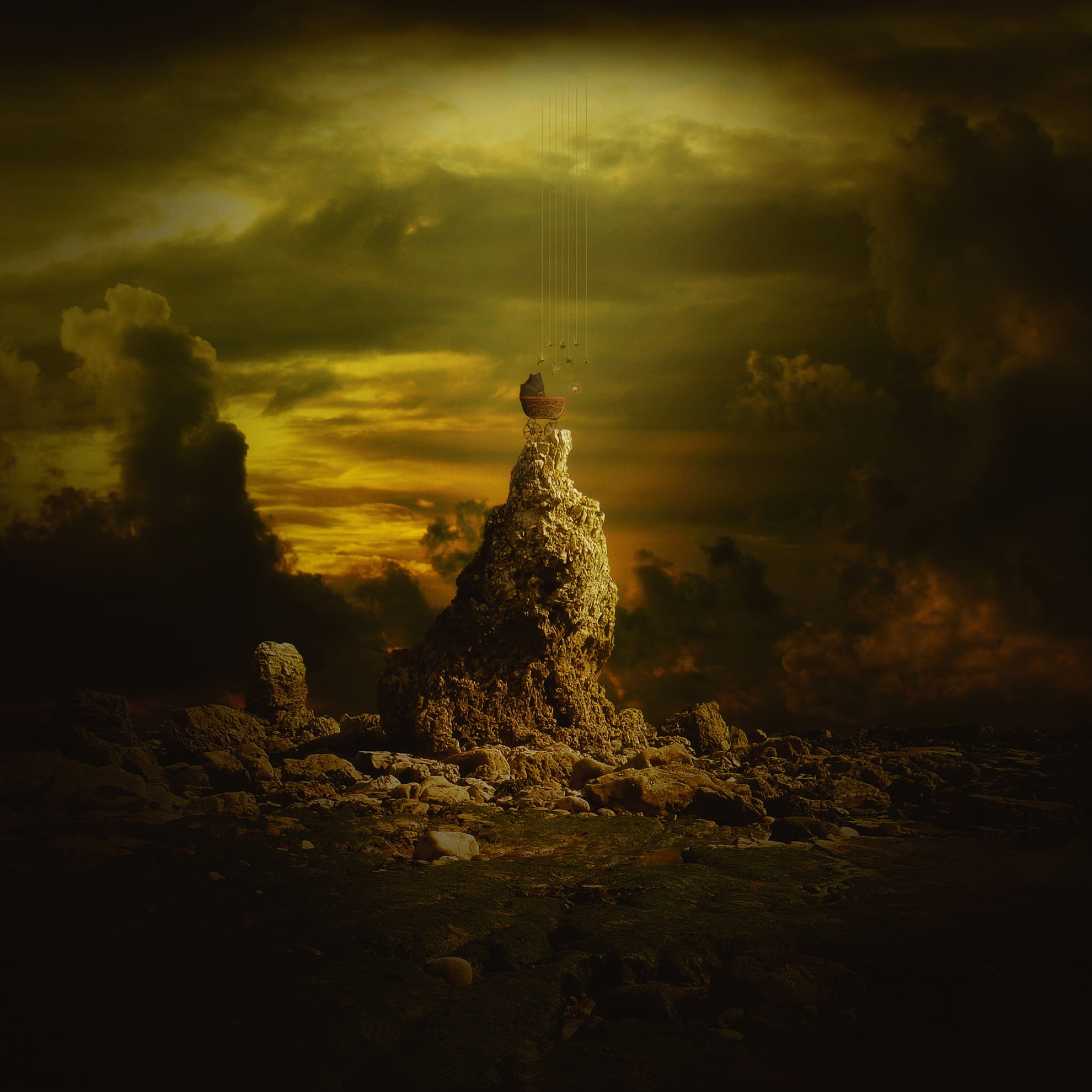A small pram rests atop a tall, jagged rock formation amidst a dark, surreal landscape. The sky is cloudy with an eerie yellow and green hue. Dramatic lighting highlights the texture of the rock, while the foreboding atmosphere creates a sense of mystery and isolation. "Soothe Me" whispers through the wind.