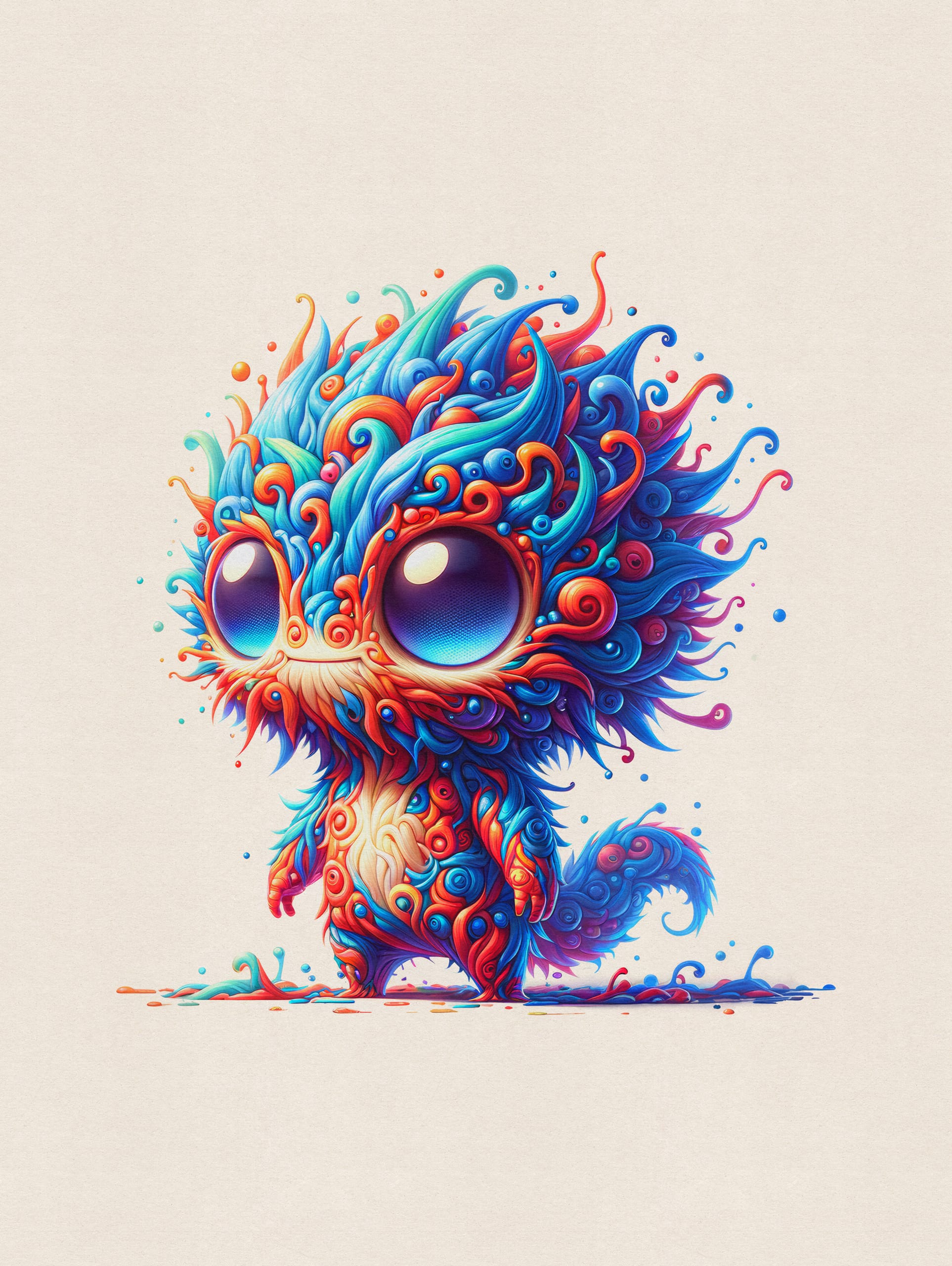 A colorful creature with large eyes stands against a beige background. Its body is covered in swirling, vibrant patterns of blue, red, and orange, resembling flowing paint or flames. Its posture is upright, and its tail mimics the same swirling pattern, adding to its whimsical appearance.