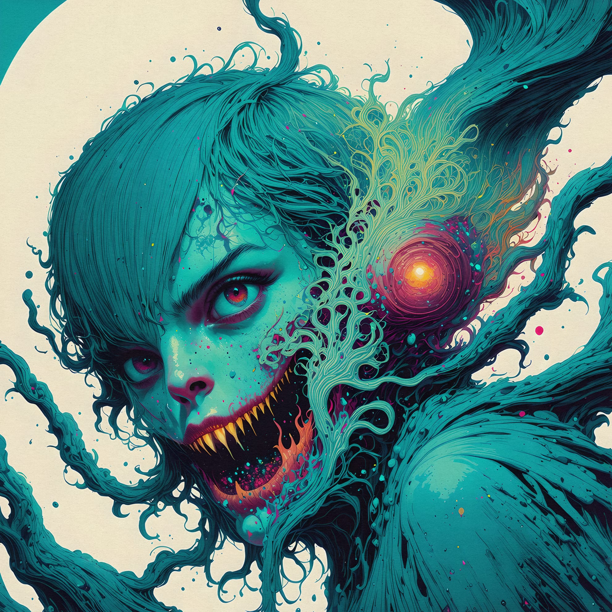 A surreal artistic depiction of a person with teal skin and hair, featuring elongated, flowing tendrils. The exaggerated wide mouth shows sharp, yellow teeth. A glowing orb emits swirling energy from the back of the head. The background is a contrasting pale color.