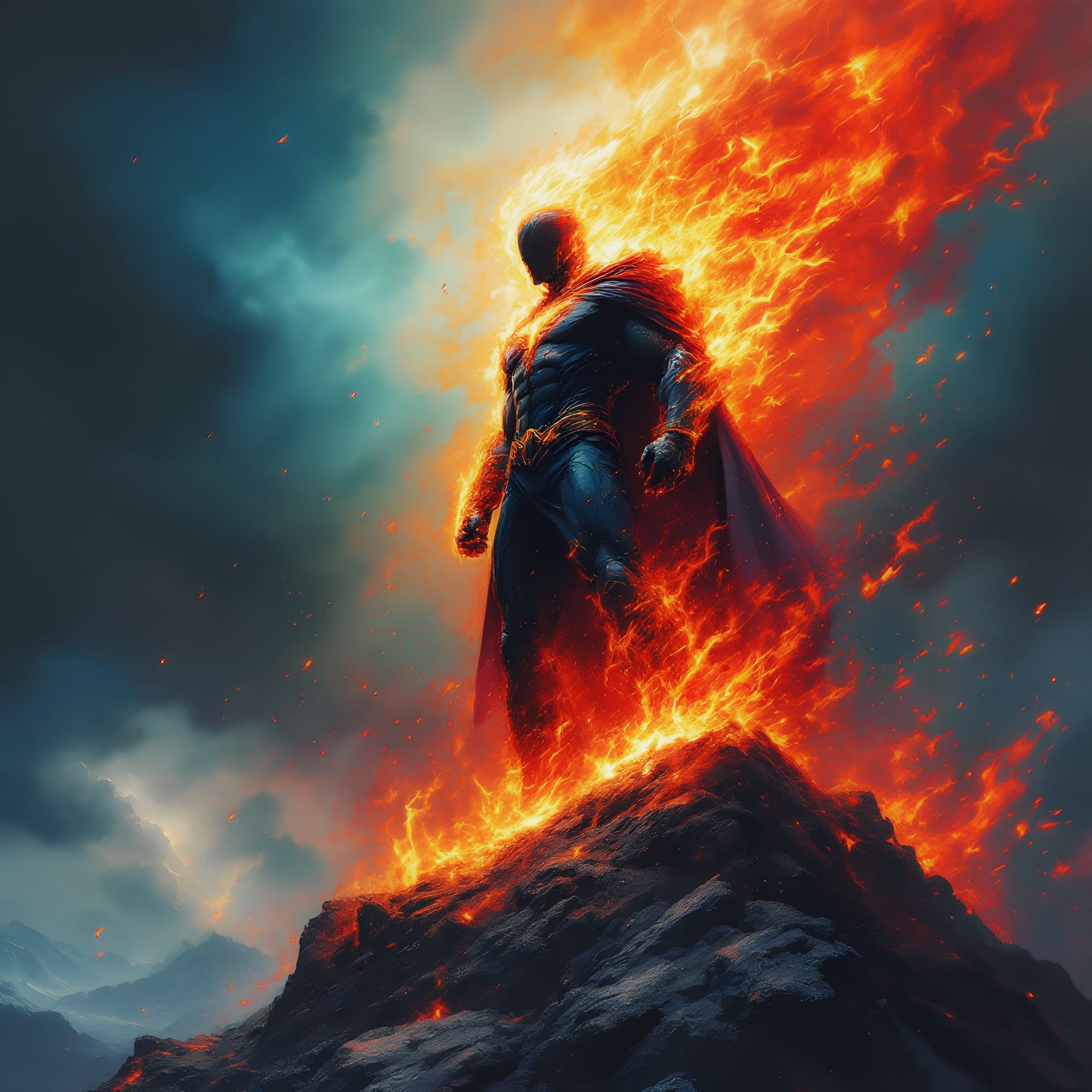 A powerful superhero stands on a rocky peak, engulfed in fierce, blazing flames. The figure is silhouetted against the fiery aura, wearing a dark suit and a flowing cape. The background is dramatic, with thick, swirling clouds adding intensity to the scene.