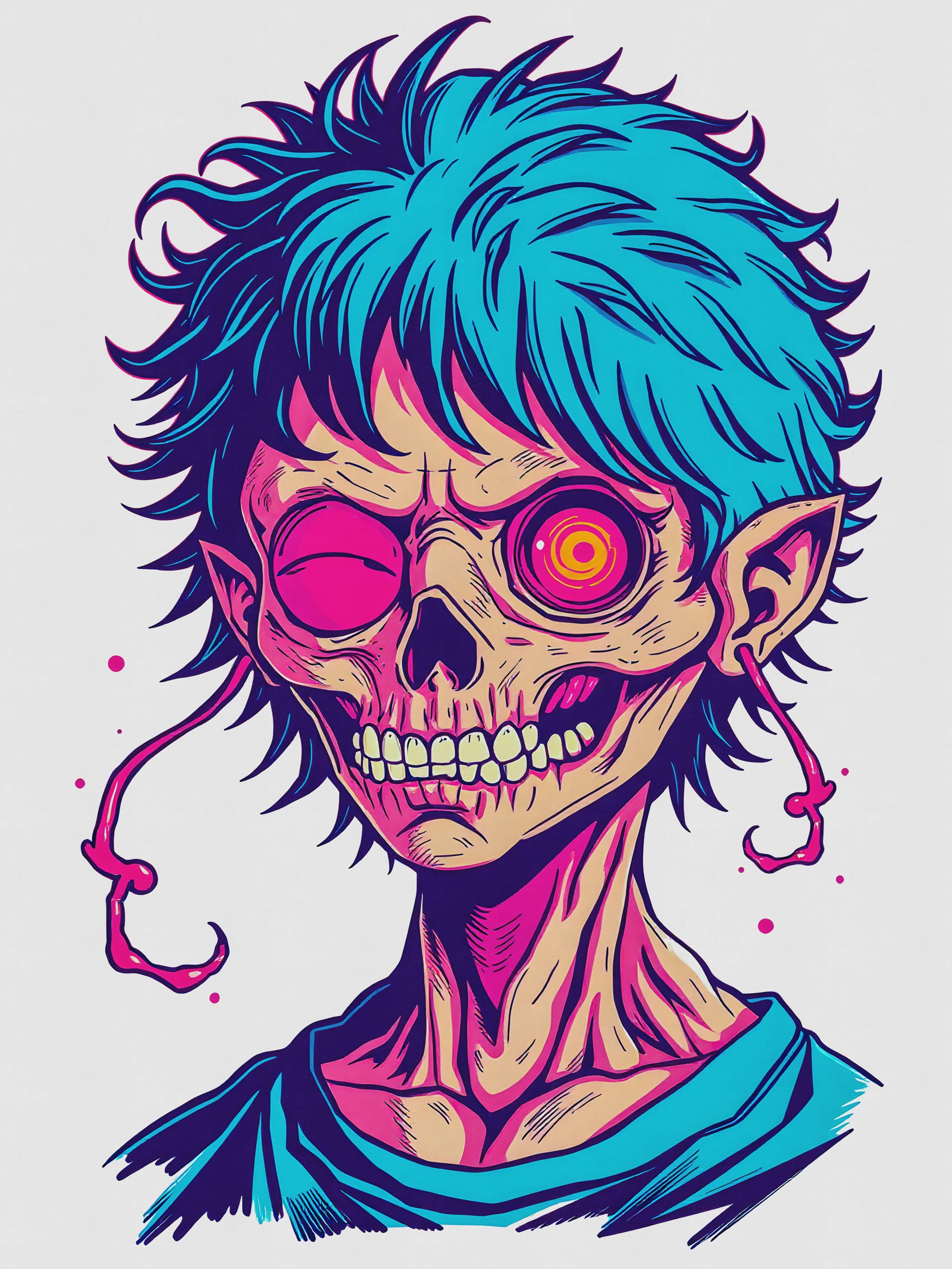 A vibrant illustration of a skull-faced character with wild blue hair. The left eye socket is empty, while the right eye glows with a neon pink spiral. The character has exaggerated ears and wears a blue shirt. The style is bold and colorful, with splashes of pink.