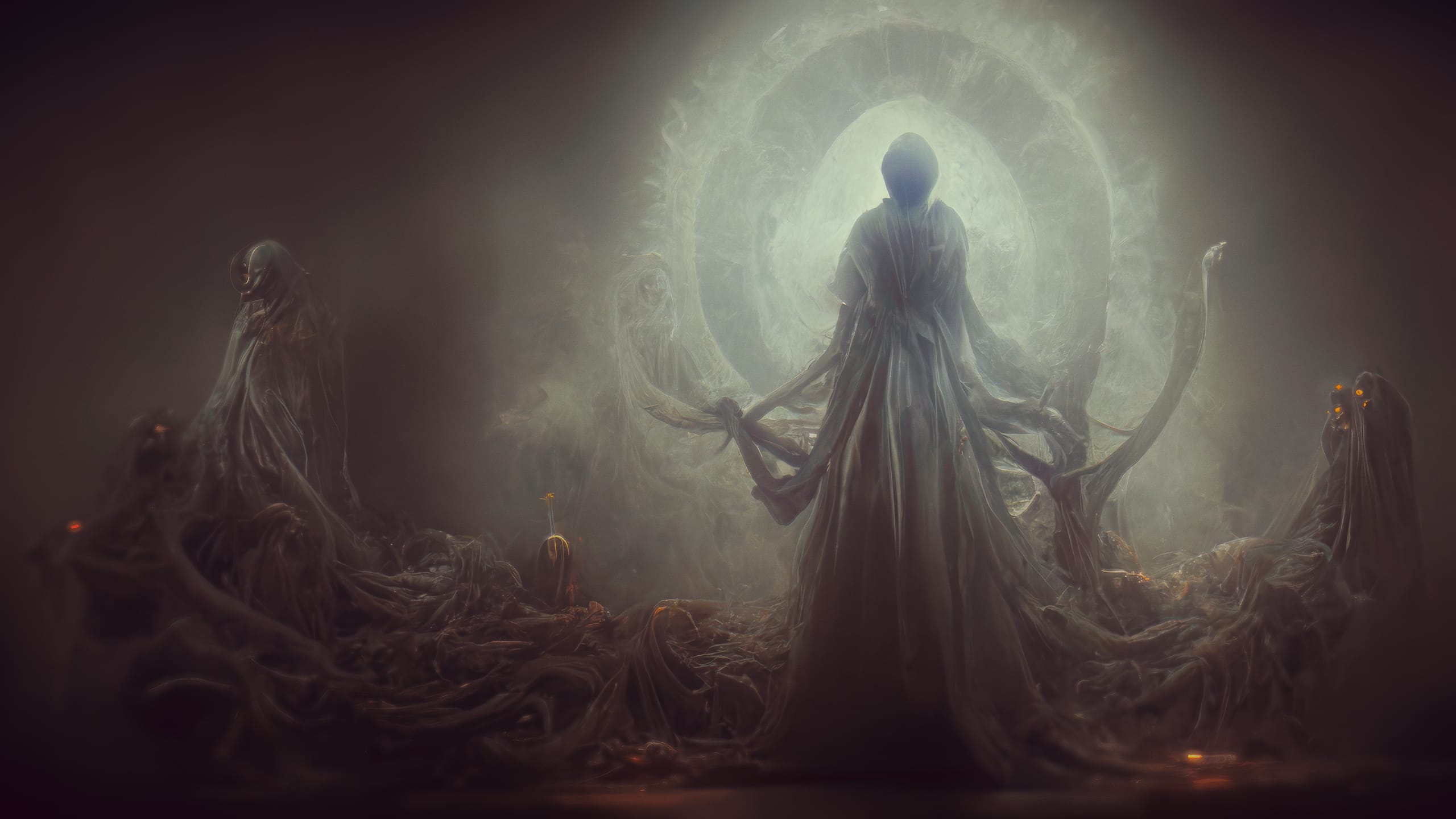 A ghostly, hooded shepherd leads whispering shadows before a glowing circular portal, surrounded by other eerie, shrouded figures. The setting is misty and dark, with ethereal, flowing garments creating an unsettling, supernatural atmosphere.