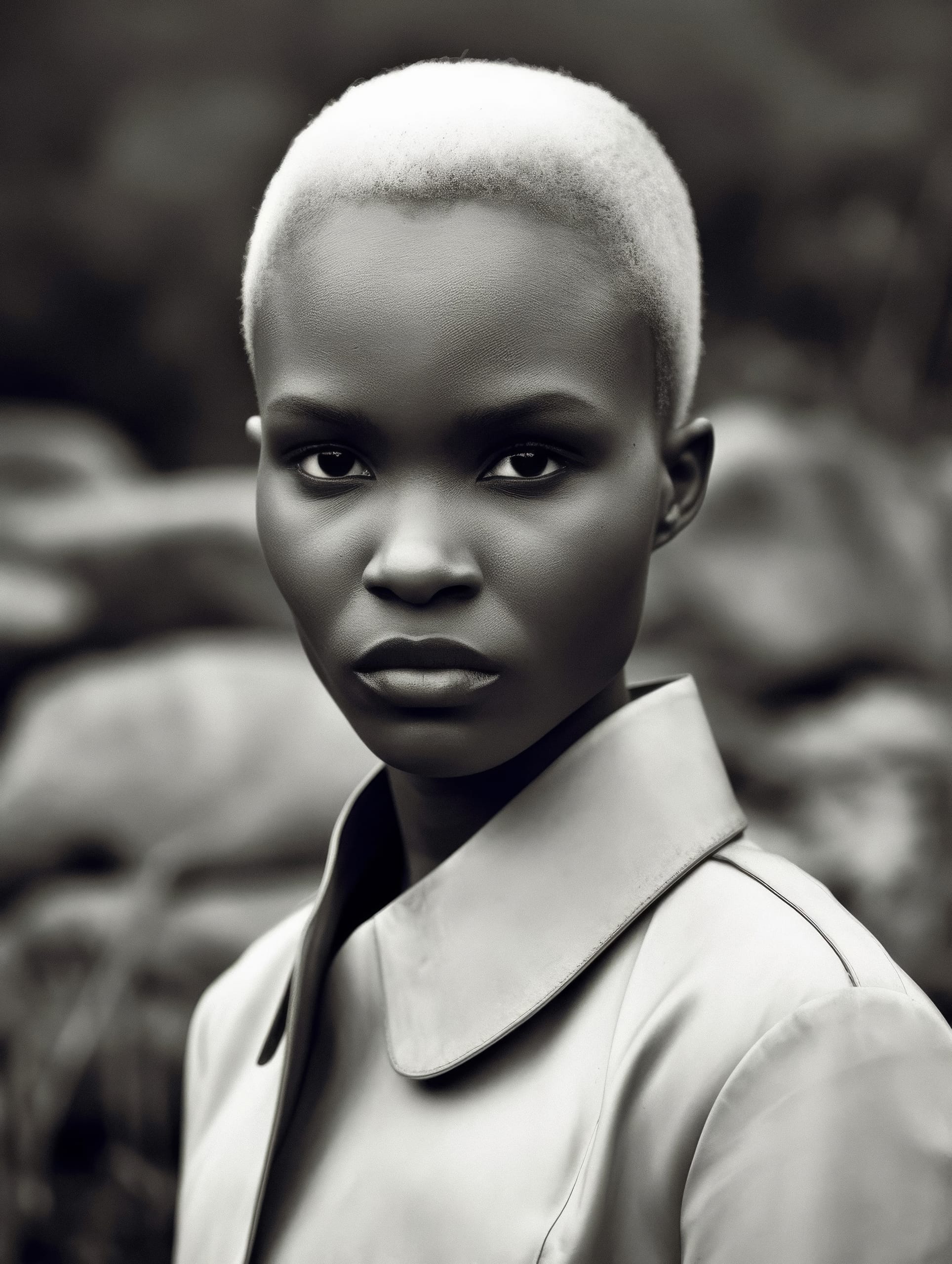 A monochrome portrait of a person with a short, light-colored hairstyle, wearing a collared coat. The background is softly blurred, highlighting the person's expression and features. The style is classic and timeless, capturing a serene and introspective mood.