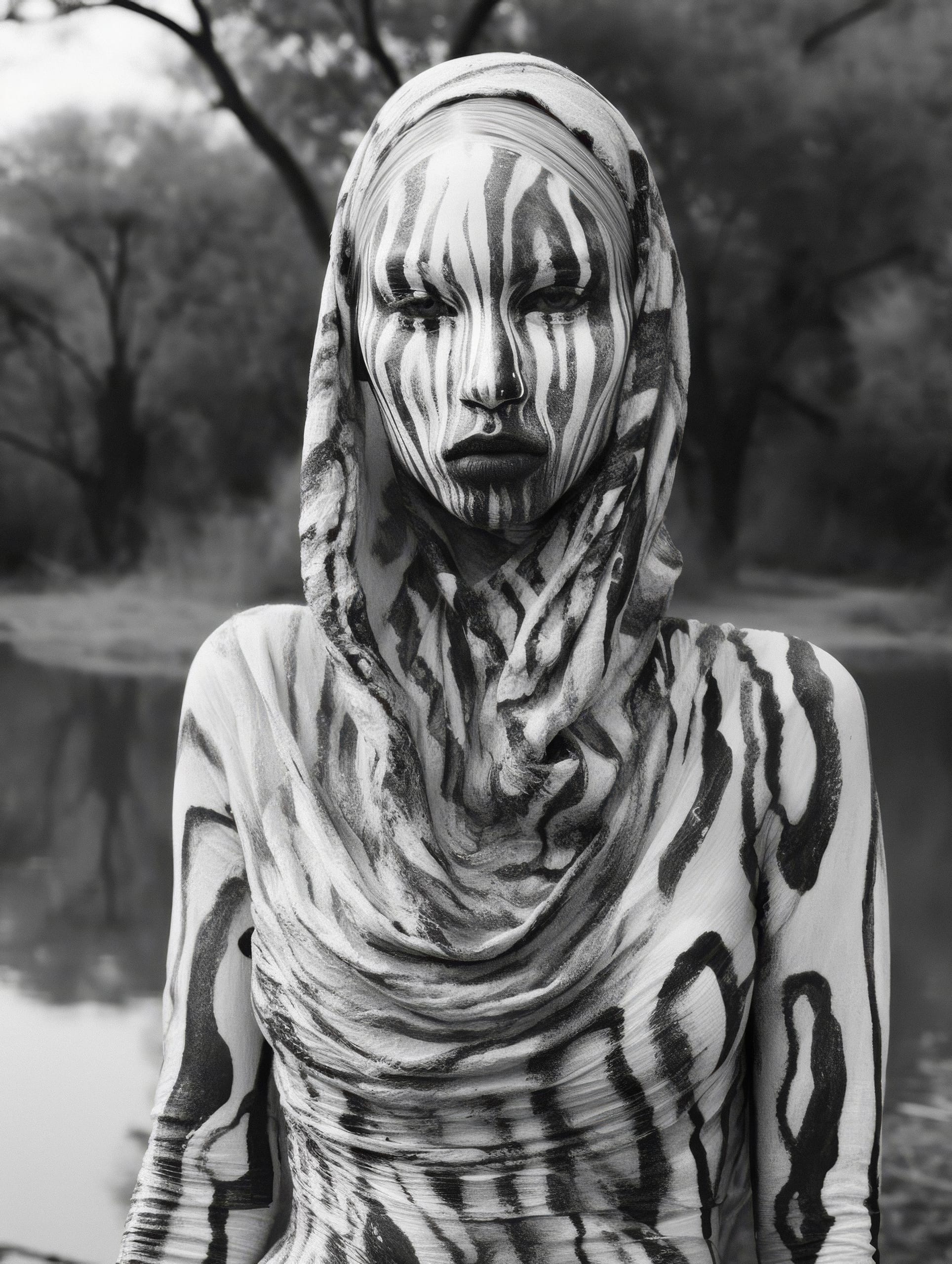 A person stands outdoors, covered in black-and-white striped body paint, reminiscent of a zebra pattern. Their face and clothing are fully painted, blending seamlessly with the surroundings. The background features blurred trees and a body of water, creating a serene, natural setting.