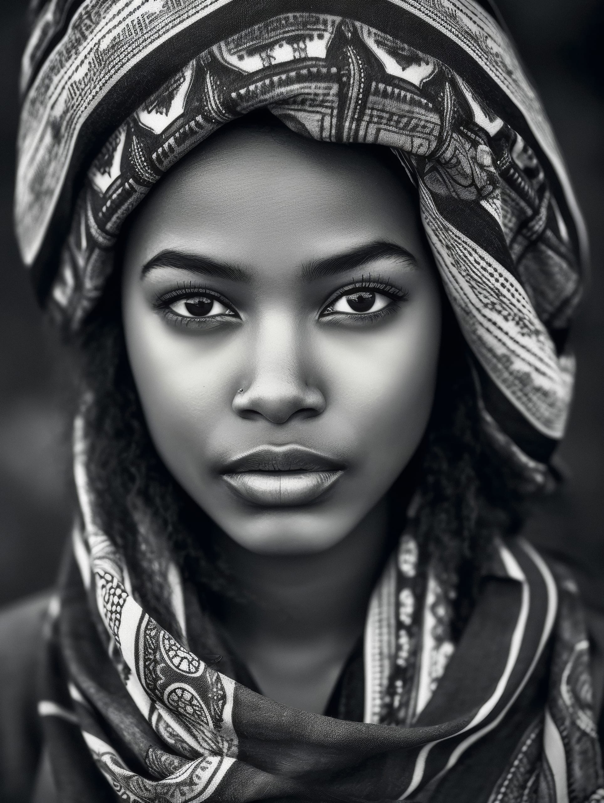 A black-and-white portrait of a person with a solemn expression. They wear an intricately patterned headscarf and have textured hair. Their gaze is direct, and they have a nose ring. The background is blurred, emphasizing their detailed facial features and the fabric pattern.