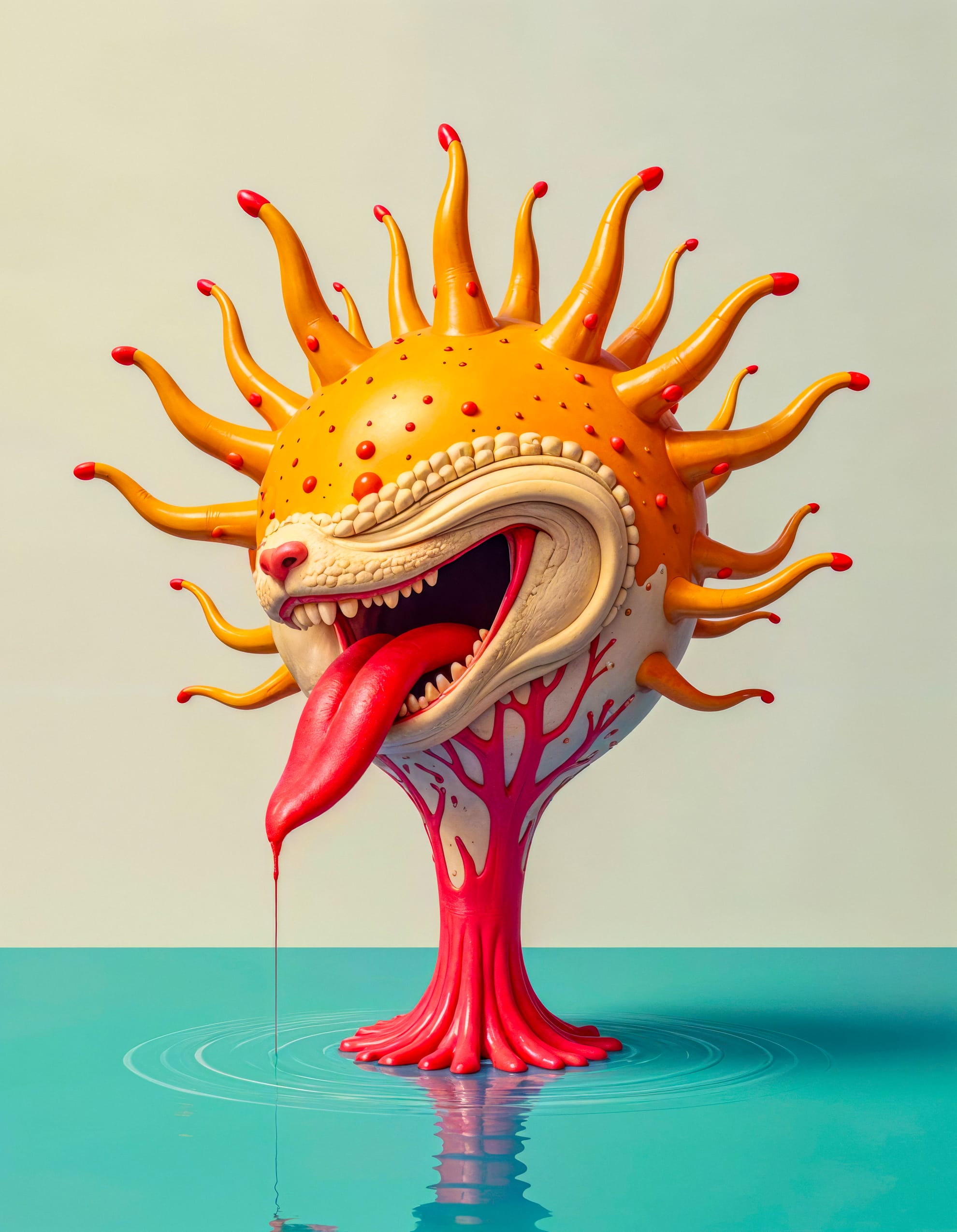 A surreal sculpture depicts a sun-like creature with a vibrant yellow and orange face, complete with protruding spikes resembling sun rays. It has a wide mouth with large teeth and a long, drooping tongue. The red and pink stem forms the base, set against a teal background.