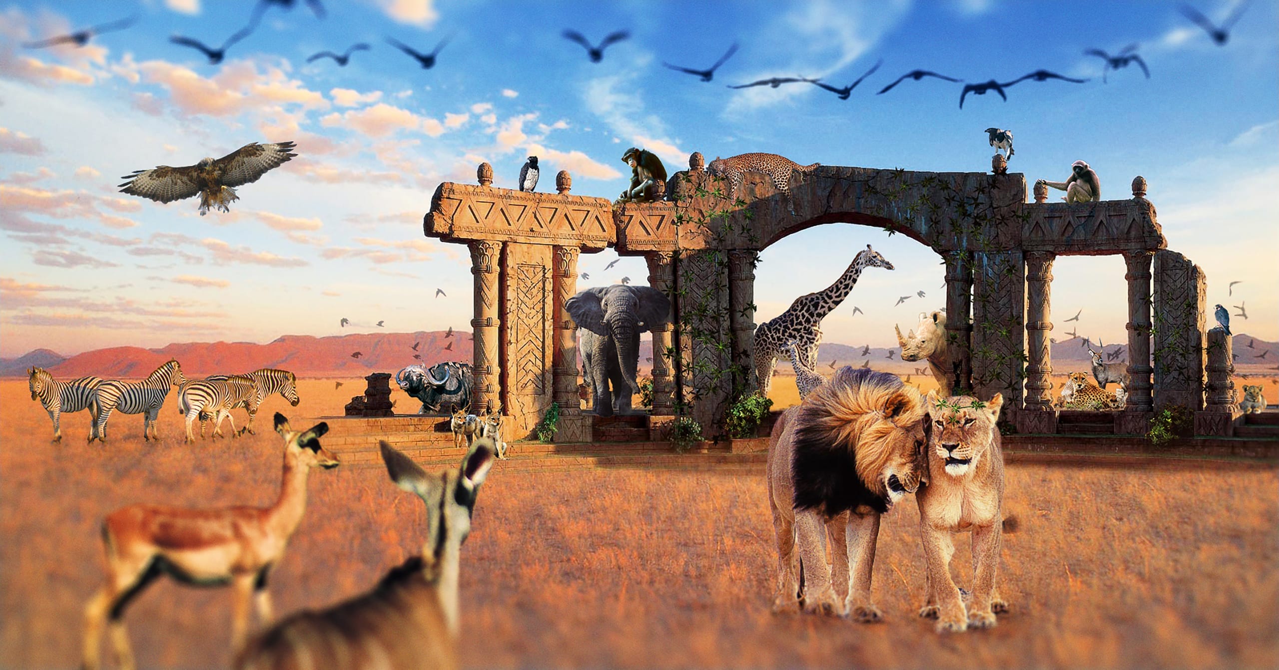 A vivid scene shows a variety of African wildlife. Lions, zebras, giraffes, antelopes, and various birds gather around ancient, ivy-covered ruins in a vast savannah under a blue sky with scattered clouds. The ruins' intricate stone arches create an enchanting backdrop reminiscent of a magical wedding ceremony in nature.