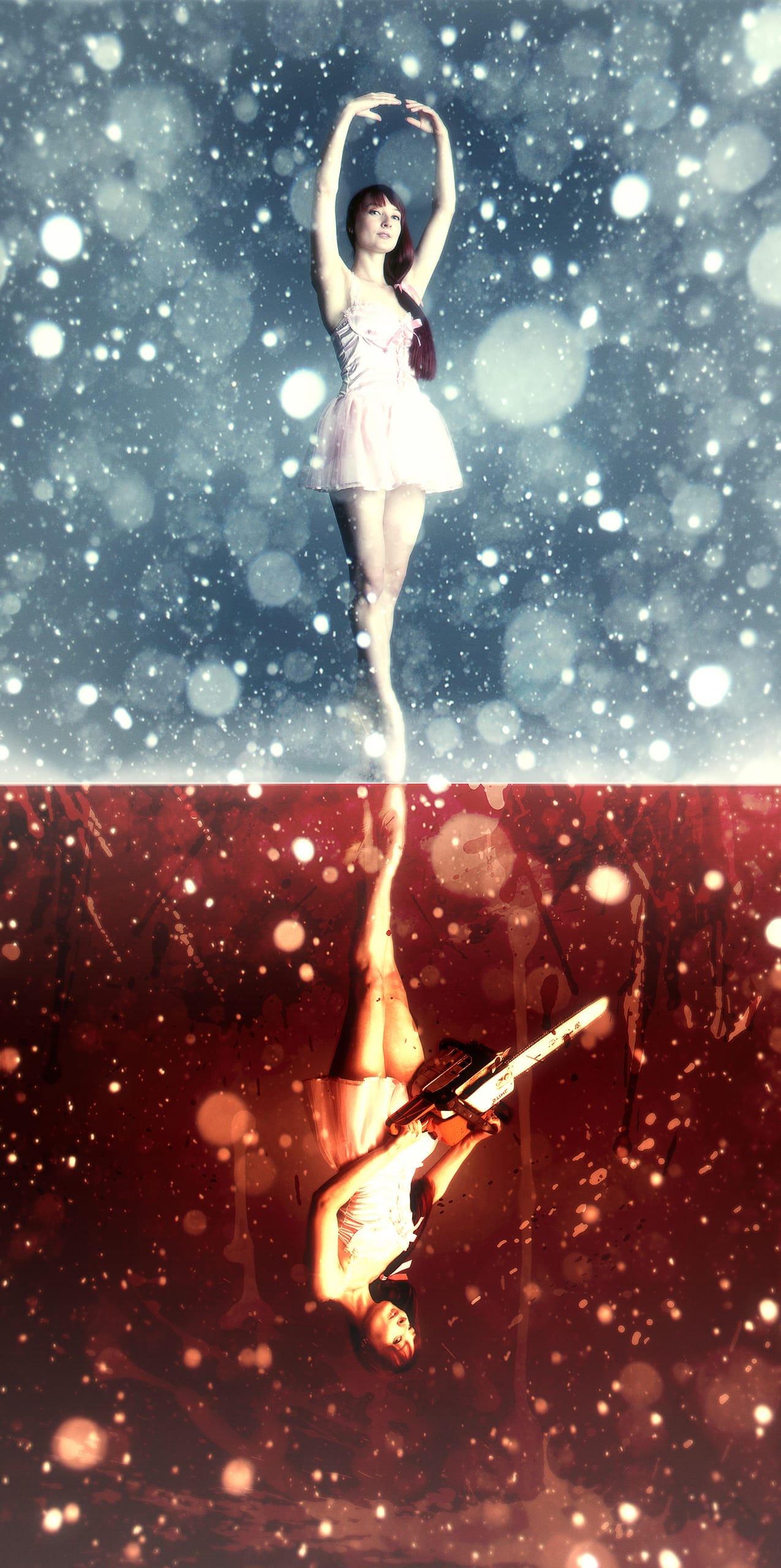 A woman in a white dress and red ribbon dances gracefully in falling snow, framed at the top of the image. The lower half portrays an inverted reflection of her, wielding a rifle in a contrasting fiery red and orange scene, capturing these feelings I hide within a stark visual and thematic dichotomy.