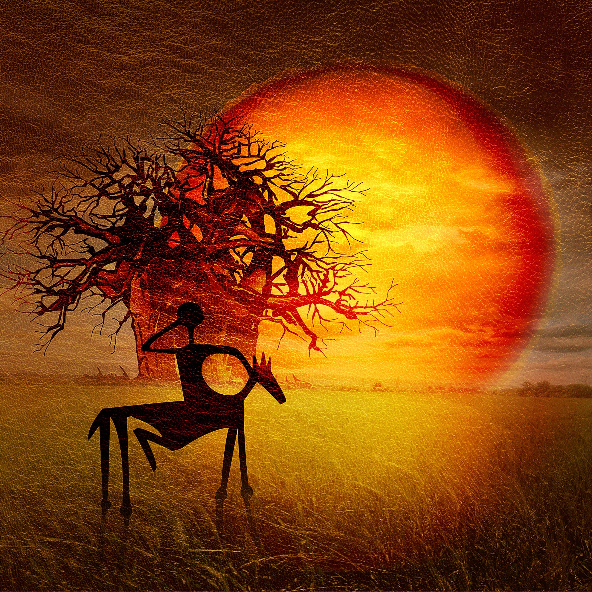 An abstract scene shows a silhouetted centaur holding a bow, standing beside a leafless, gnarled tree. A large, vivid orange sun sets behind them like fire, casting a warm glow on the grassy landscape, creating a dramatic and surreal vision.