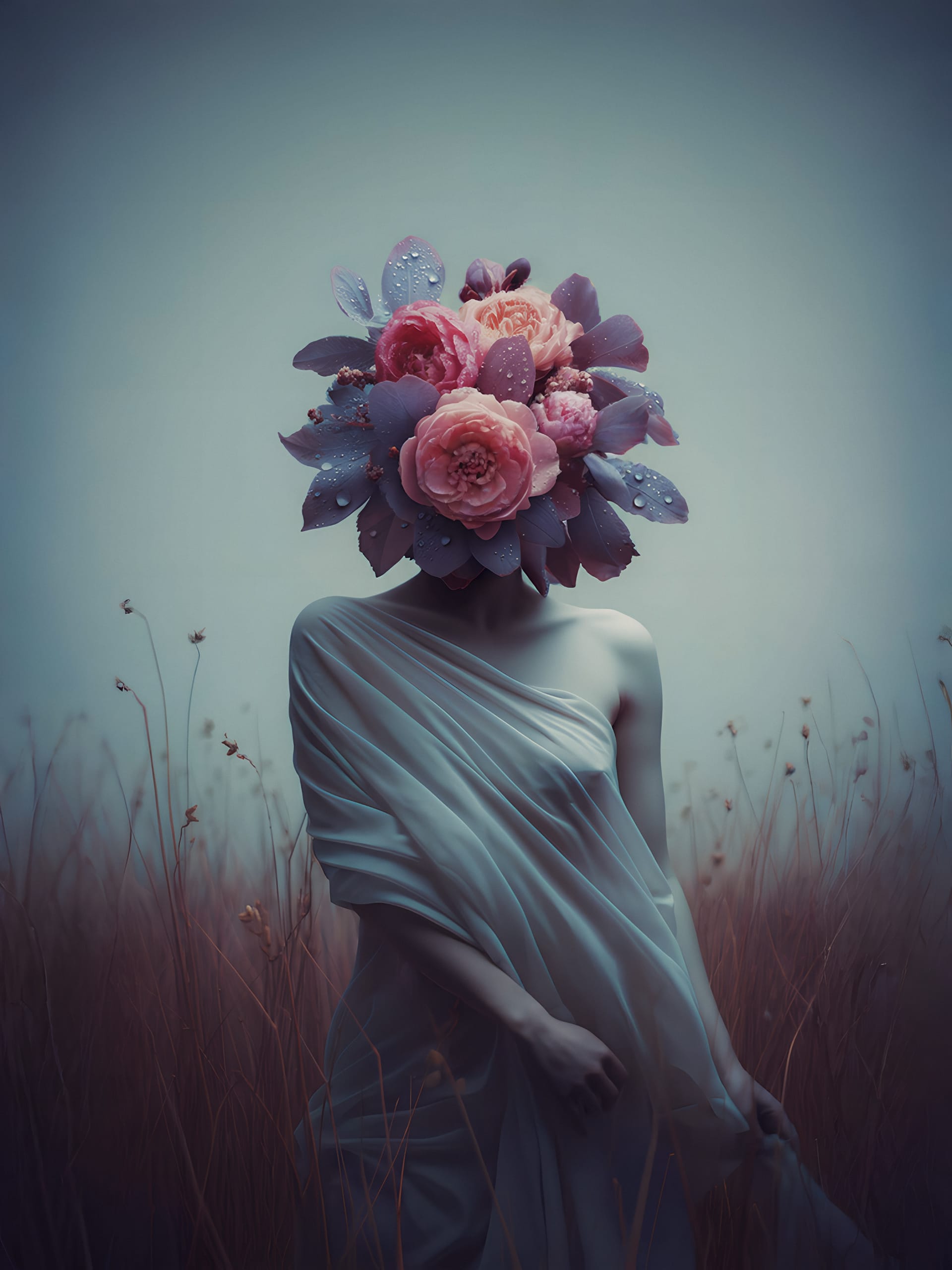 A person draped in flowing white fabric stands in a misty field, her petals faced the wind. Their head is replaced by a bouquet of pink and purple flowers with dewdrops, blending surrealism and nature amid softly blurred, delicate grasses.