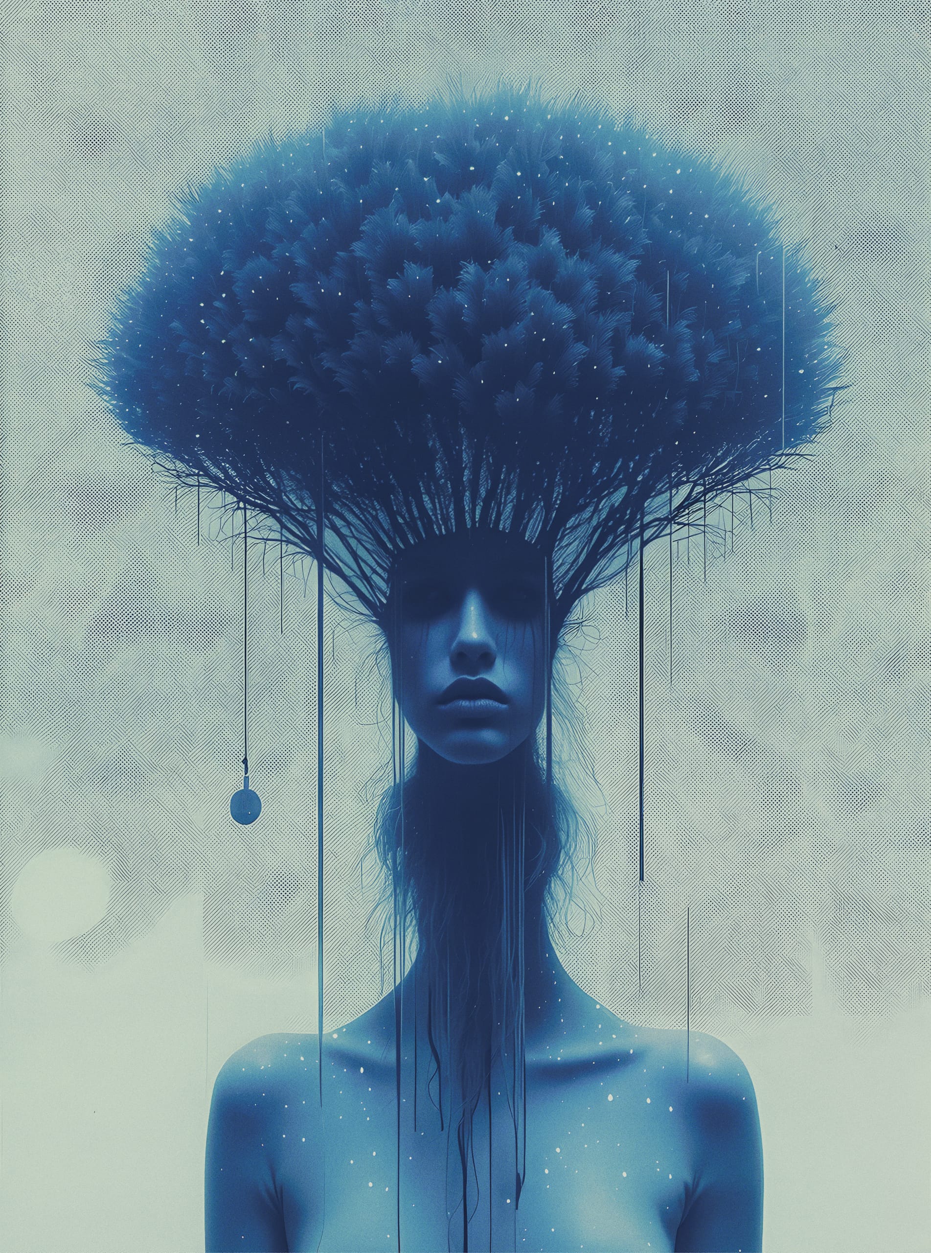 A surreal image features a person with a large, intricate tree-like crown of feathery leaves as hair, in shades of blue. The neck and shoulders blend into a misty, ethereal background. Fine lines and dots create a dreamy, cosmic effect, adding depth to the scene.
