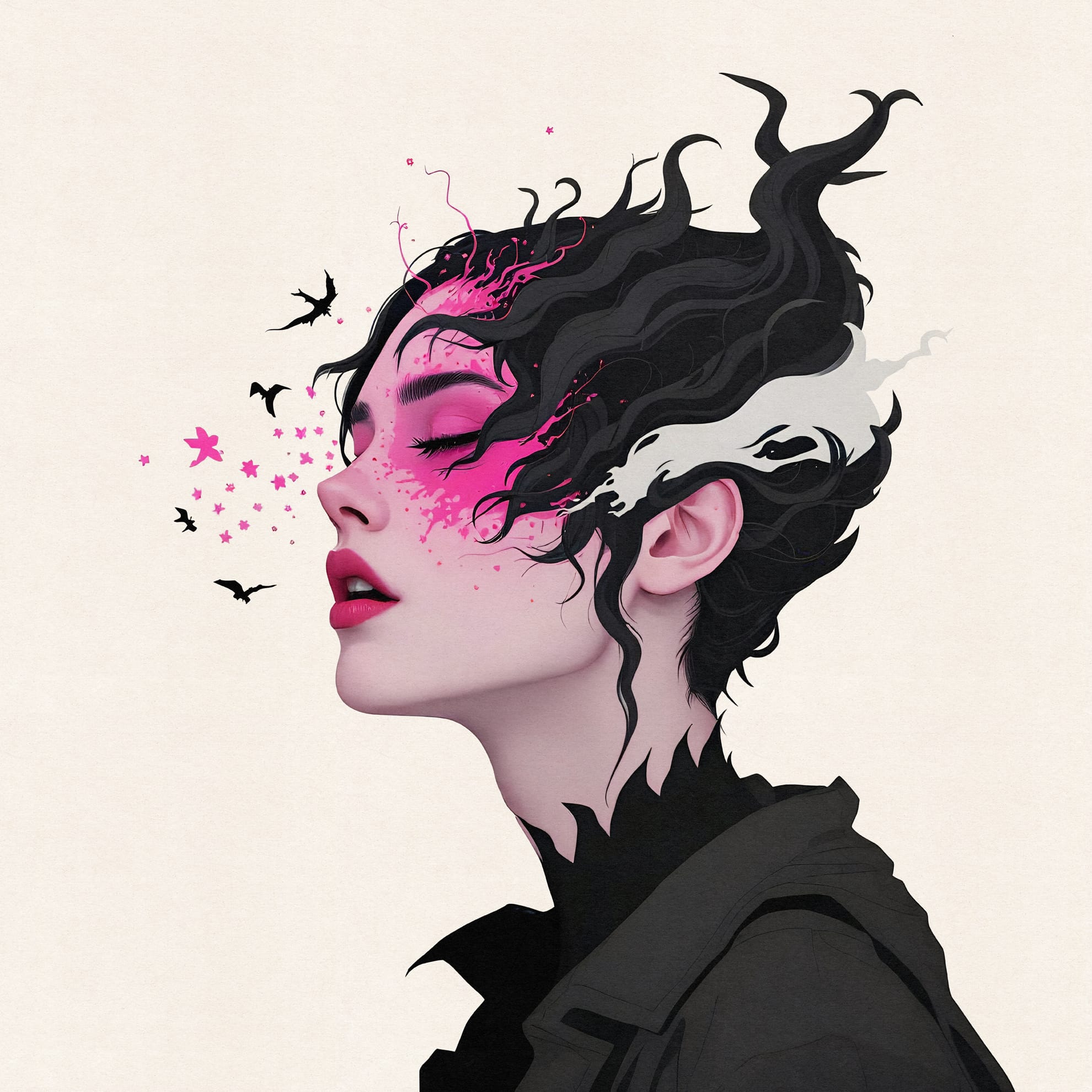 Artistic illustration of a woman with closed eyes. Her dark hair swirls upward, morphing into abstract shapes and birds, interspersed with bright pink accents and flowers. Her face, adorned with pink makeup and ethereal elements, contrasts with the soft cream background.
