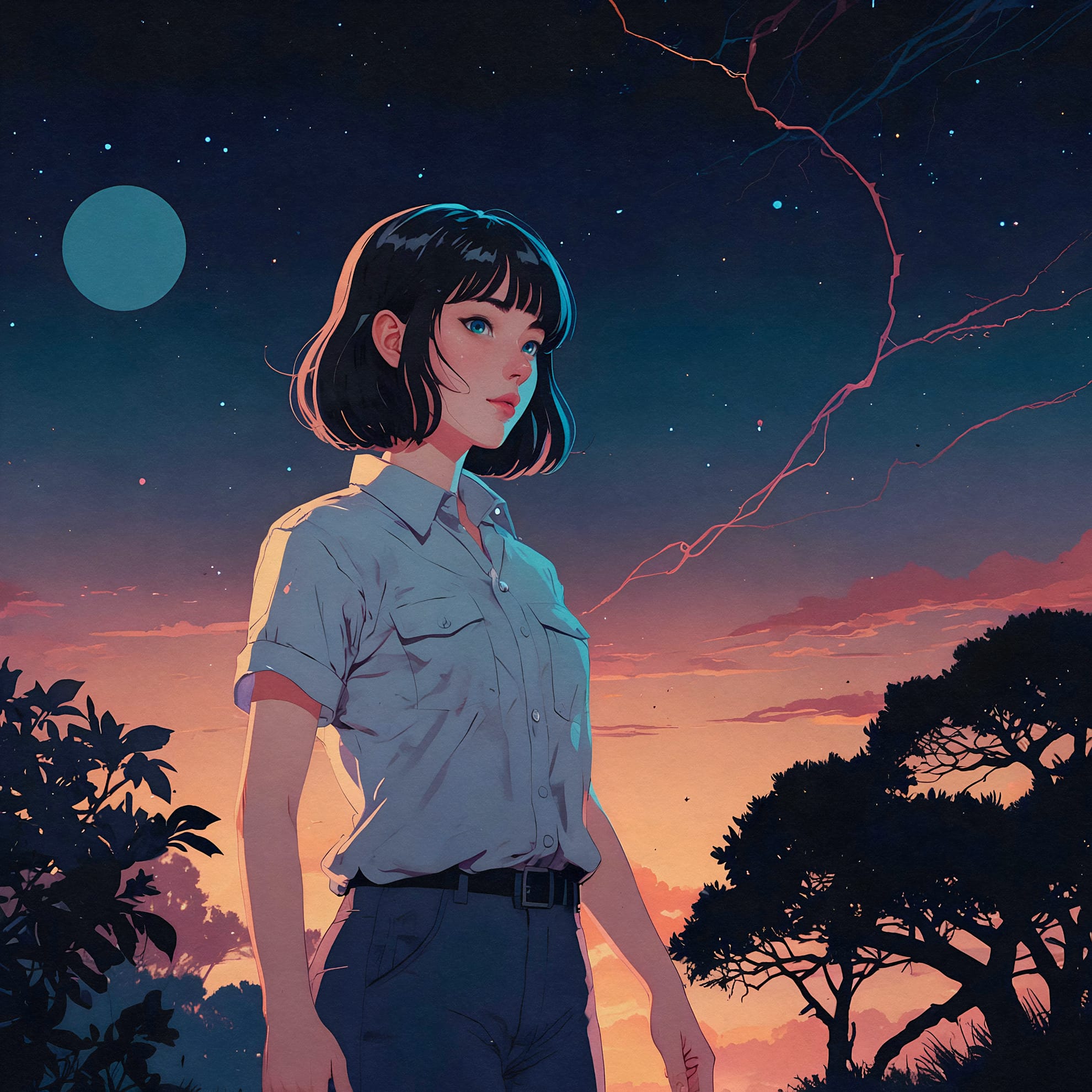 A woman with short black hair stands confidently against a twilight sky, featuring a large moon and scattered stars. She wears a white shirt and dark pants. Silhouetted trees frame the scene, with pink lightning adding a dramatic touch to the colorful horizon.