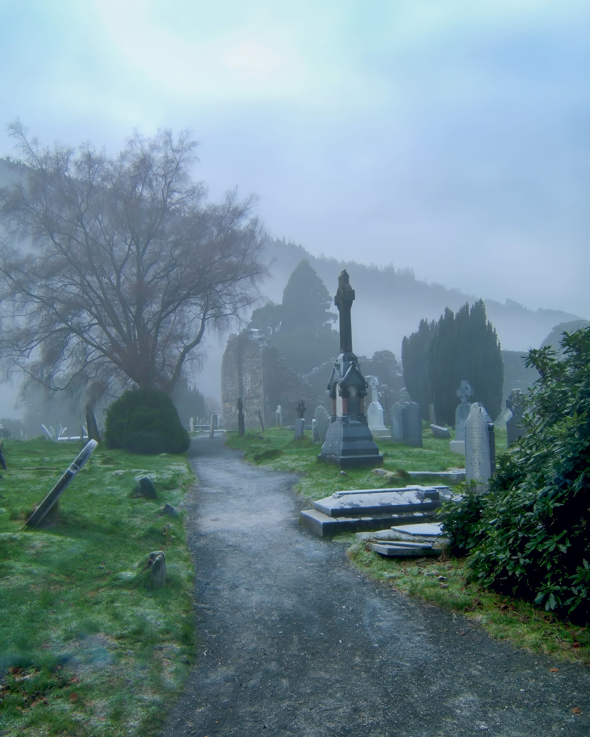 A misty graveyard with weathered tombstones lines a narrow path. A large, bare tree stands to the left, surrounded by damp green grass. Soft fog obscures distant hills and trees, creating a serene, eerie atmosphere. The overcast sky adds to the somber mood of the scene.