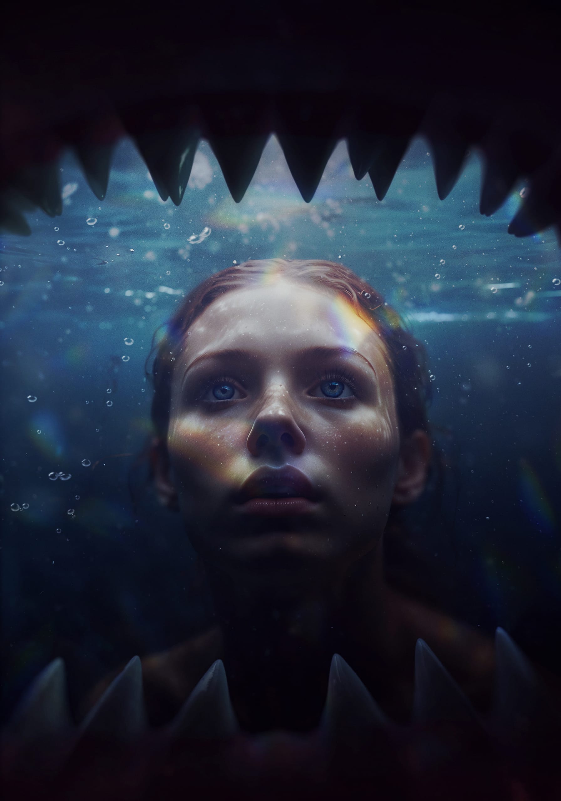 A worried woman submerged underwater stares upward through the jaws of a shark, which frame the top and bottom of the image. Shimmering light filters through the water, casting a soft glow on her face and illuminating bubbles around her as if grasping for some elusive comprehension.