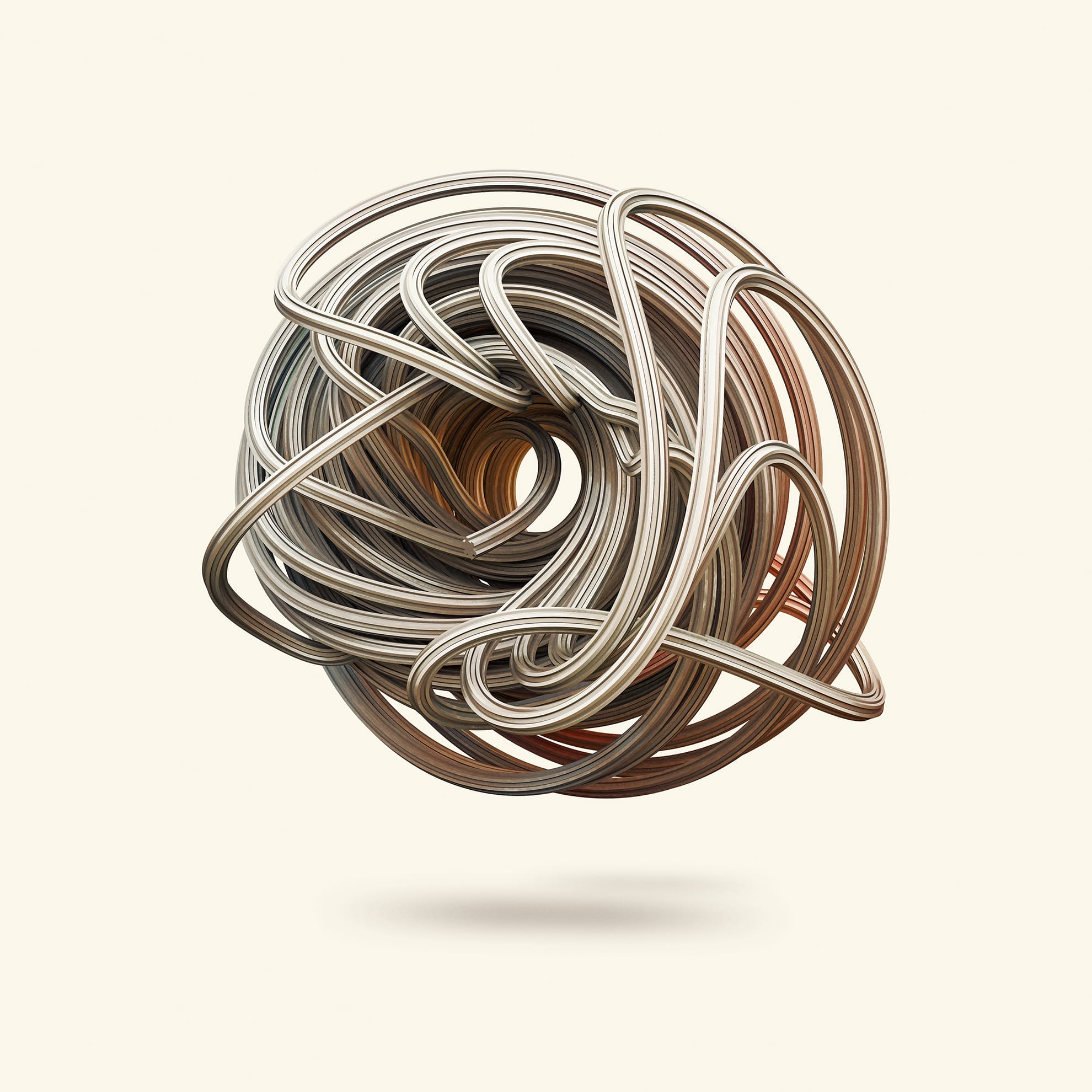 A complex, swirling abstract sculpture made of metallic loops in silver and bronze hues. The loops intertwine to form a spherical shape with intricate patterns and textures. The sculpture hovers against a plain light beige background, casting a soft shadow below.