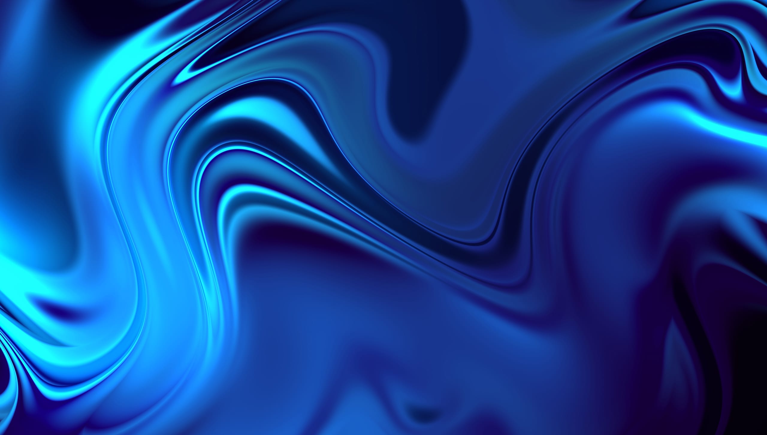 A vibrant abstract image featuring fluid, wave-like patterns in various shades of blue. The design showcases smooth, flowing curves resembling liquid metal or silk, blending light and dark blue hues to create a dynamic and visually captivating effect.