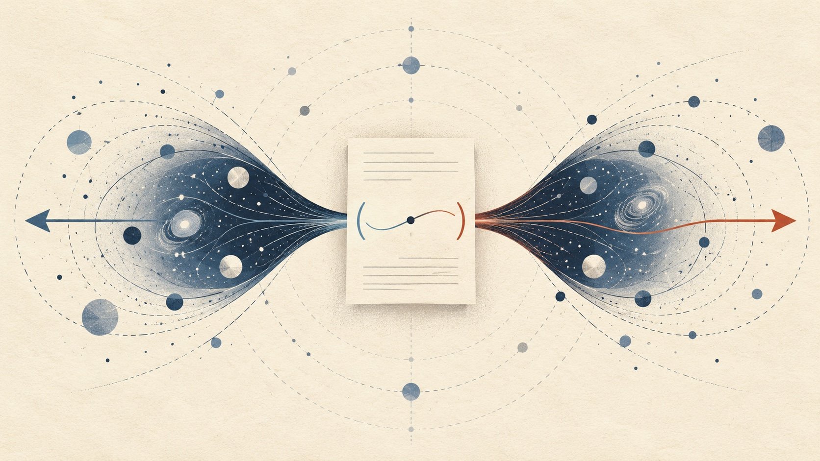A scientific paper sits between two equal, opposing paths framed by concentric cosmological arcs.