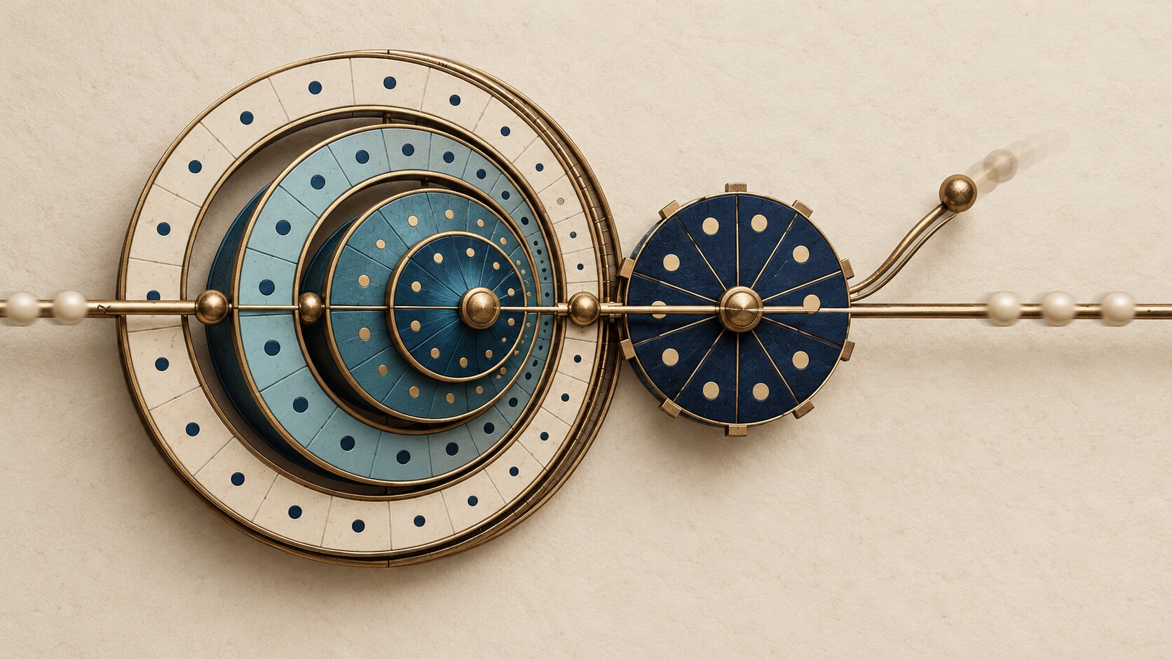 Nested brass and blue-green rings meet a navy residue wheel along a horizontal line of markers on warm paper.
