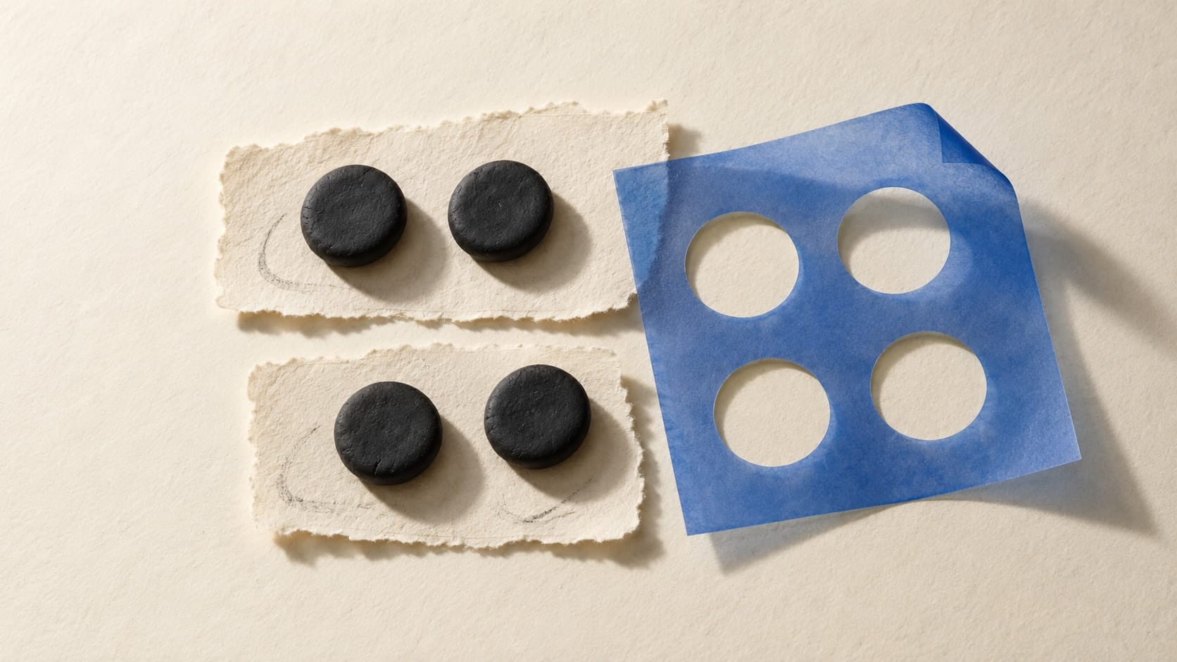 Four dark counting discs in two pairs beside a lifted blue paper template with four circular openings.