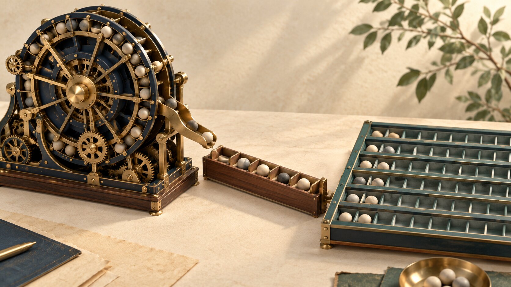 A brass clockwork wheel feeds neutral tokens towards an orderly segmented tray on a warm tabletop.
