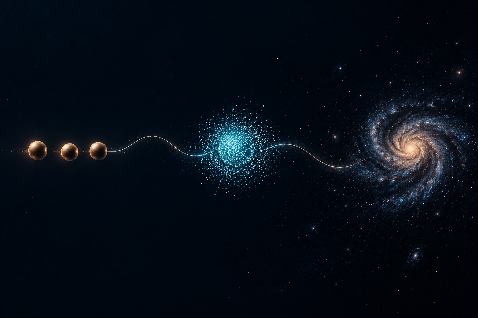 Three copper spheres lead through a luminous cyan cloud towards a spiral galaxy, linked by a fine wave on a dark field.