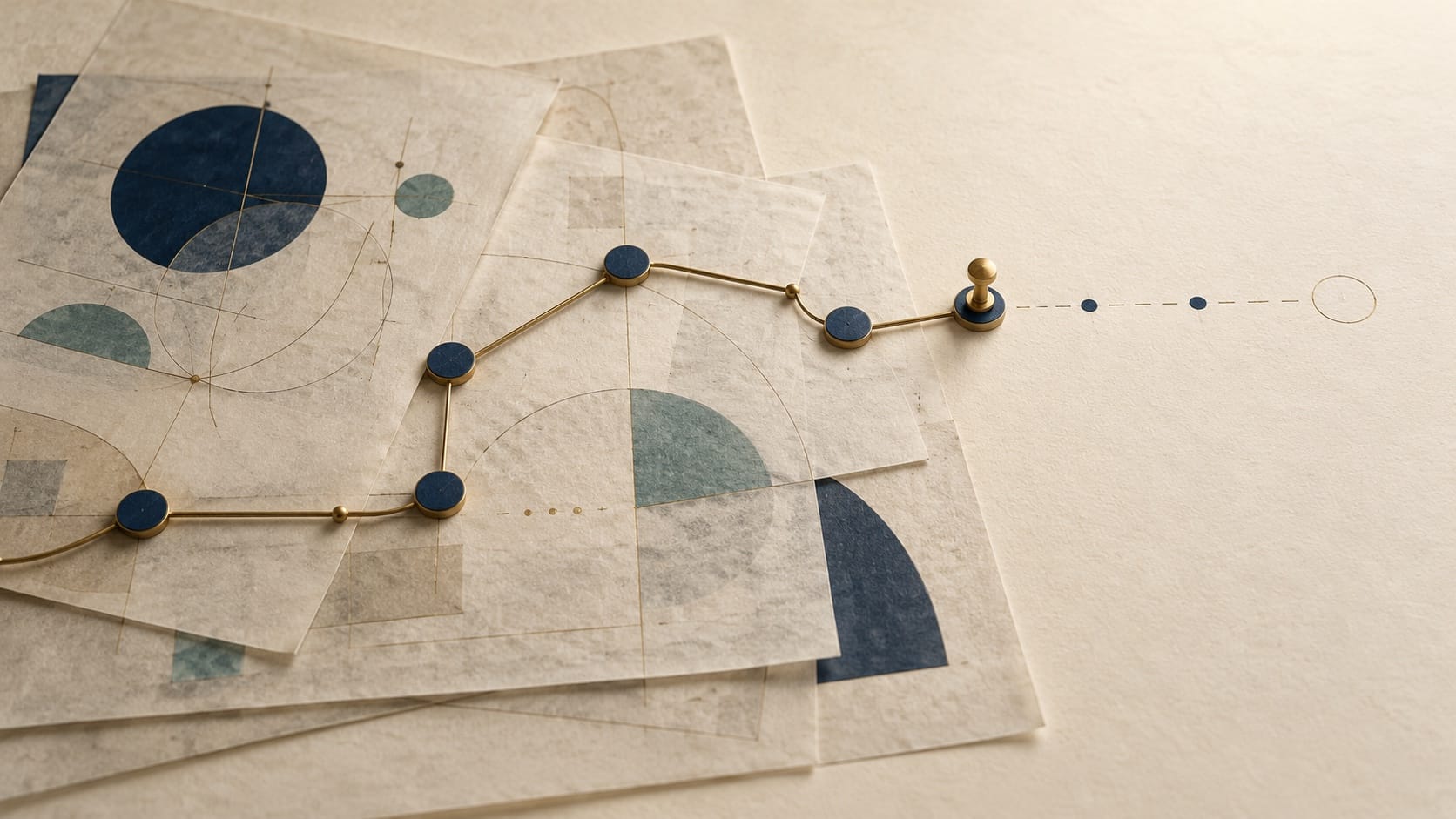 Overlapping vellum sheets carry a fine brass path through navy markers, ending at a dotted open circle on warm paper.