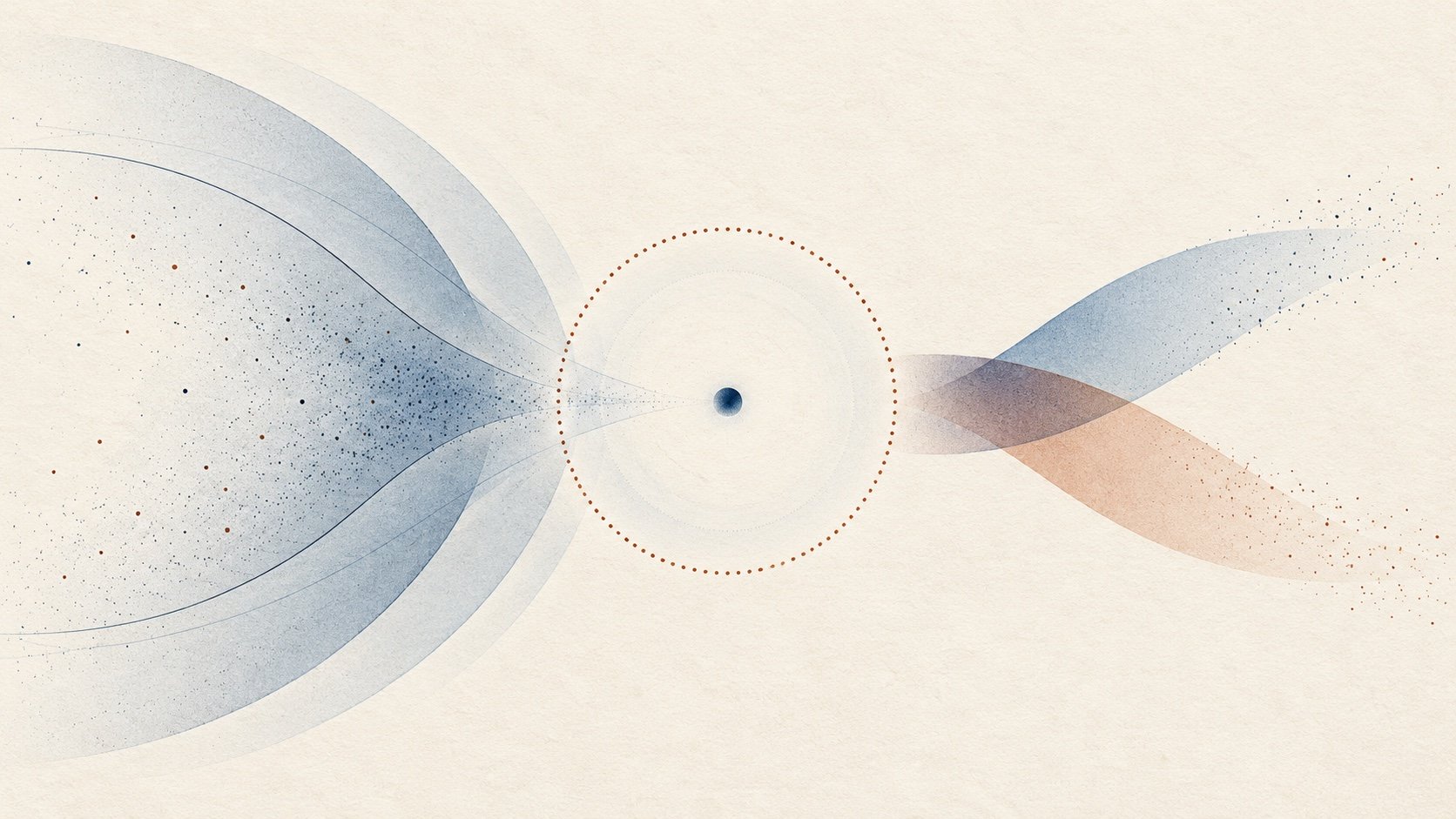 A small navy point sits within a dotted terracotta ring as translucent blue paths meet and continue in two softly overlapping directions across warm paper.