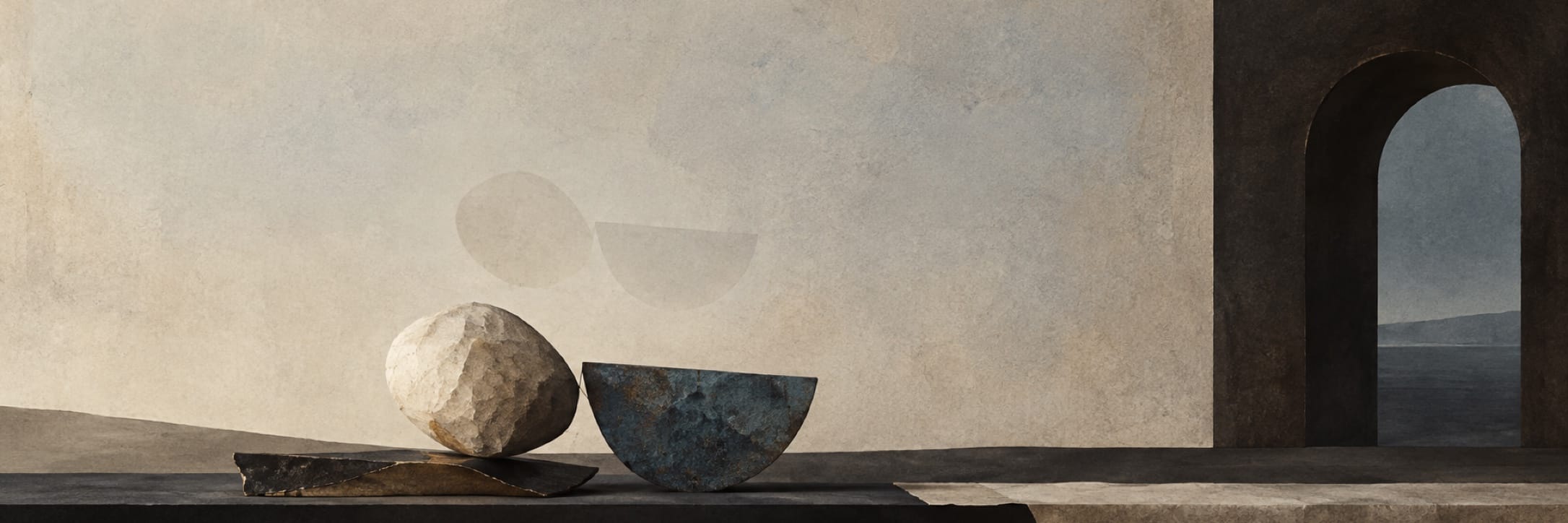A stone sphere and half-sphere sit beside an arched doorway in a surreal setting with muted, fantastical tones.