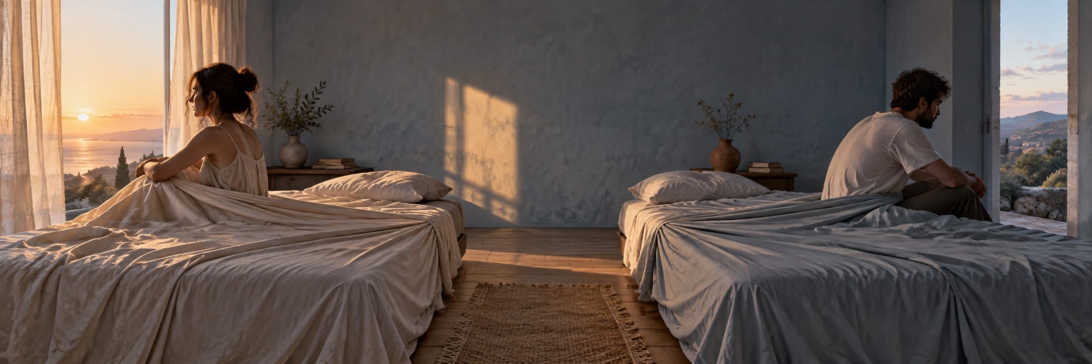 A woman and man sit on separate beds, facing away from each other and looking out opposite windows.