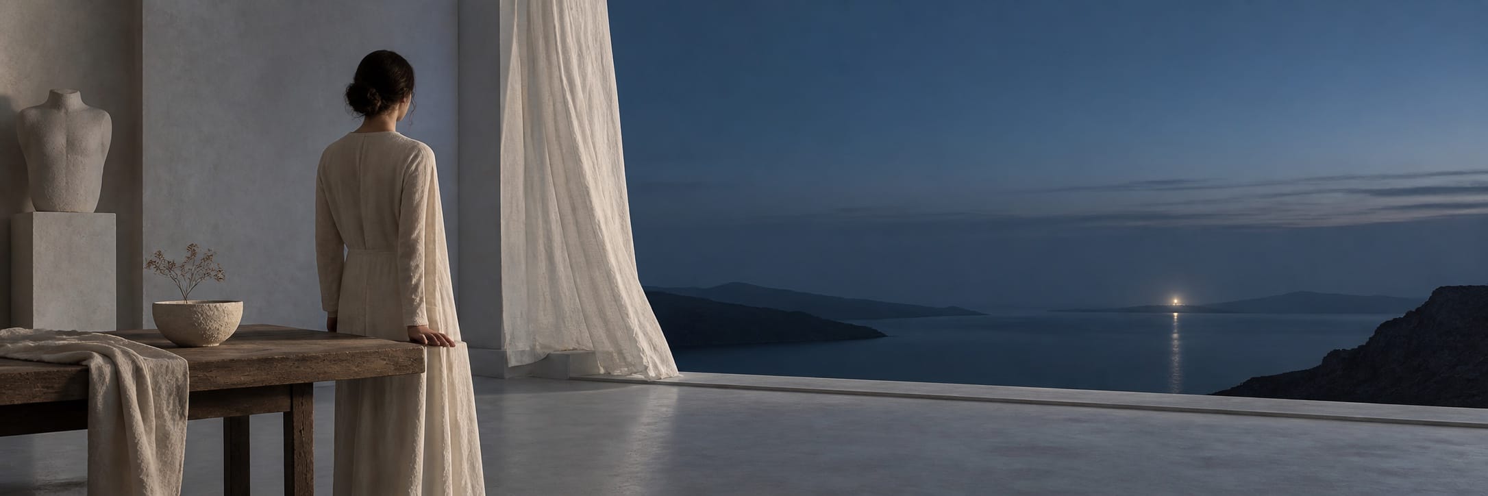 A person in a robe stands by an open wall, looking out at a surreal sea and shimmering fantastical lights at dusk.